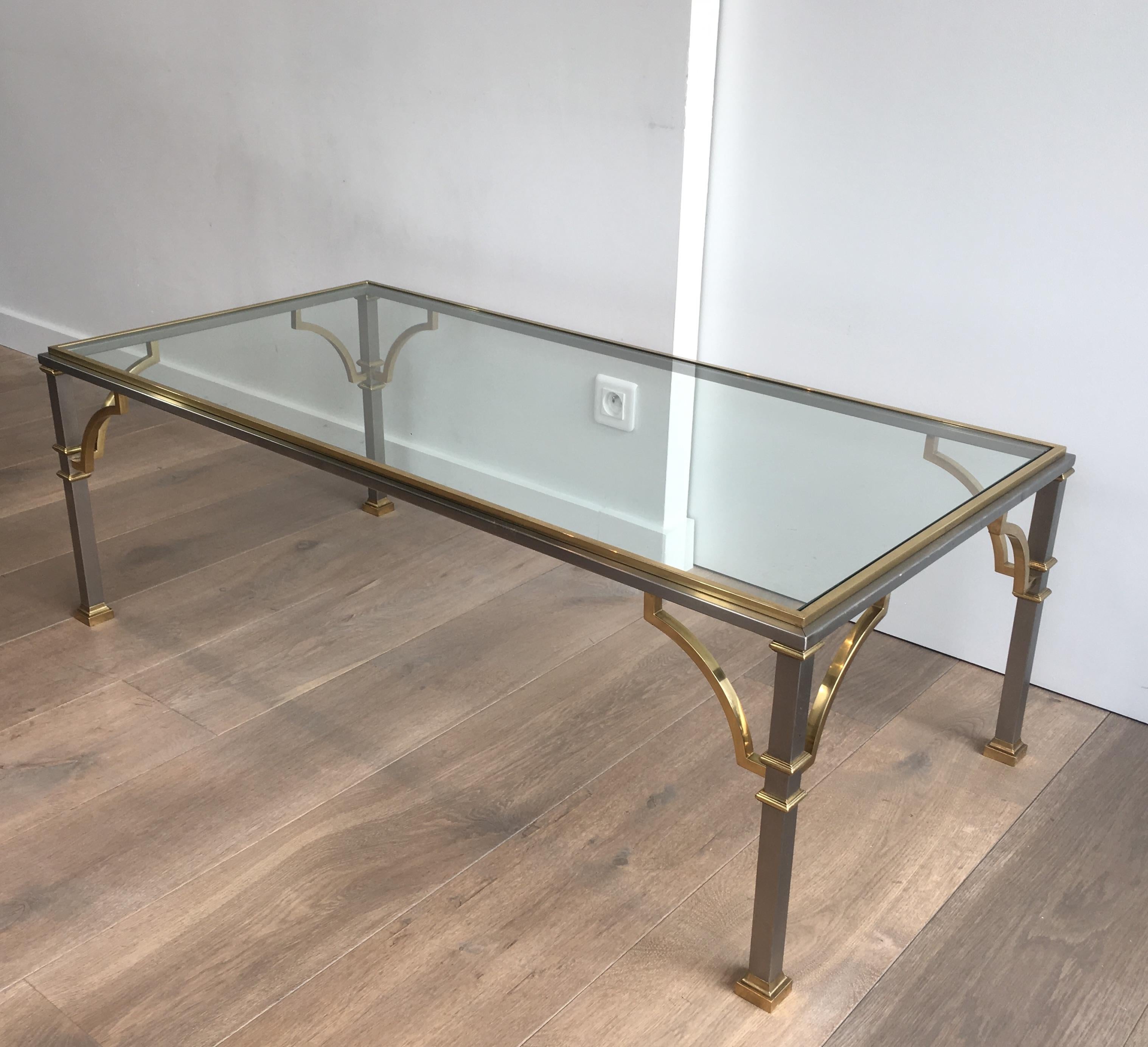 Late 20th Century In the Style of Maison Jansen, Neoclassical Brushed Steel and Brass Coffee Table