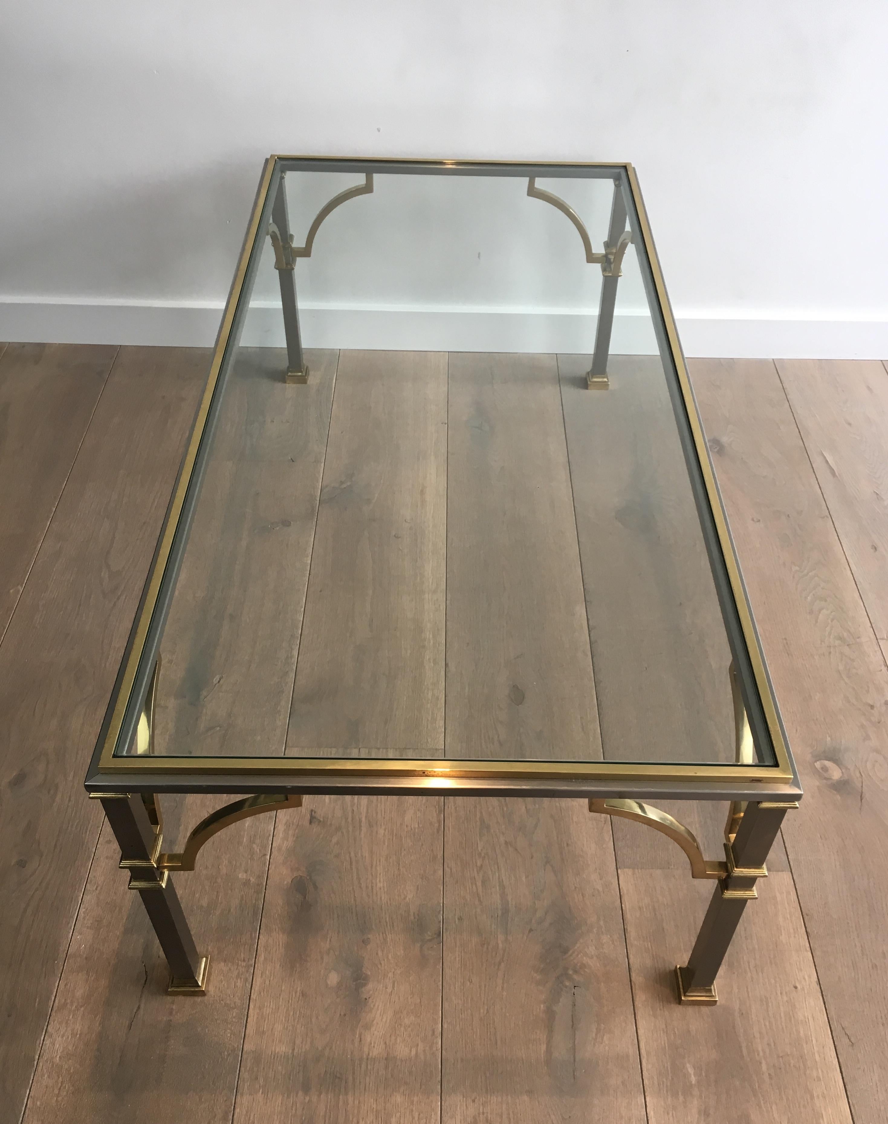 In the Style of Maison Jansen, Neoclassical Brushed Steel and Brass Coffee Table 1