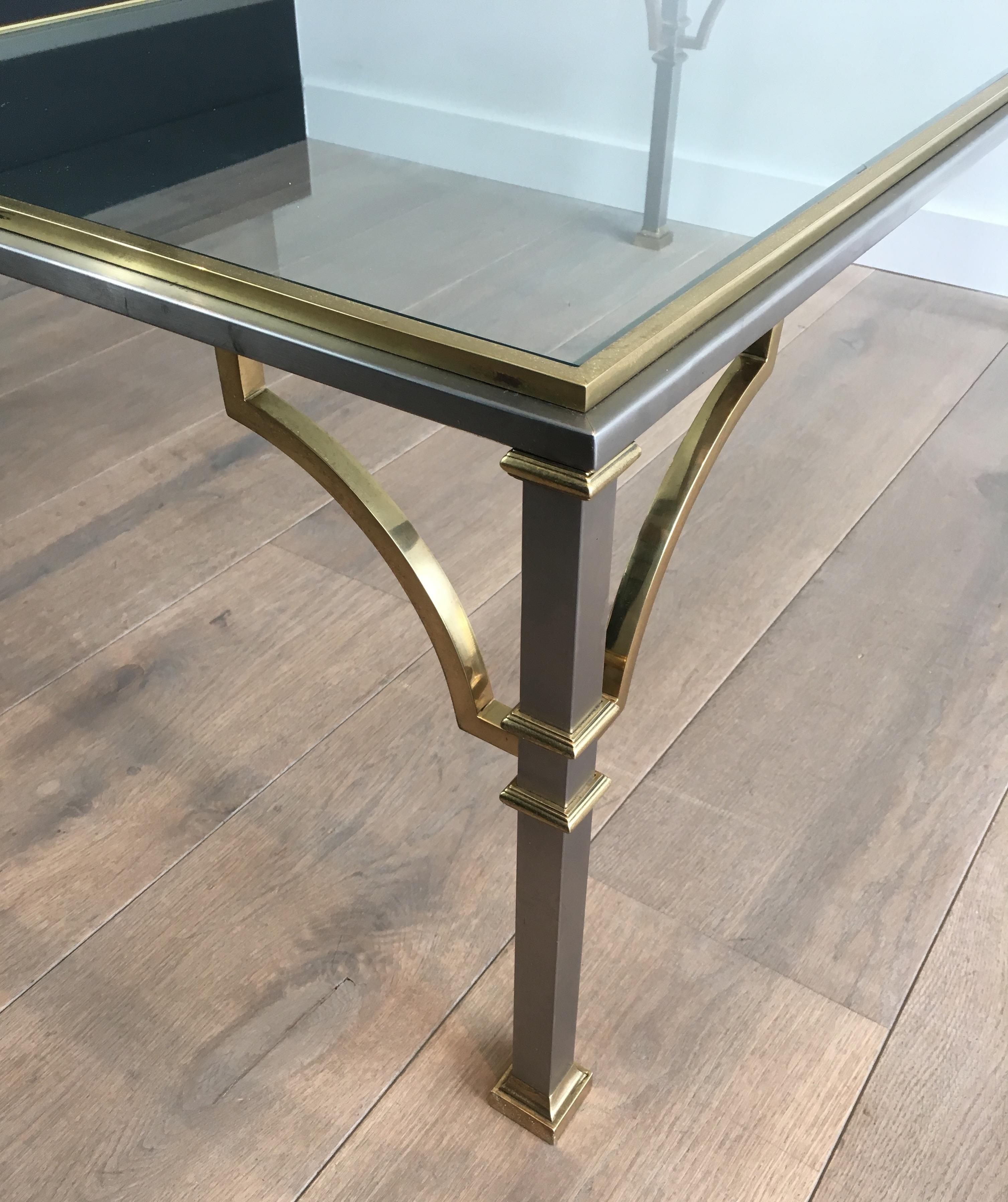 In the Style of Maison Jansen, Neoclassical Brushed Steel and Brass Coffee Table 2