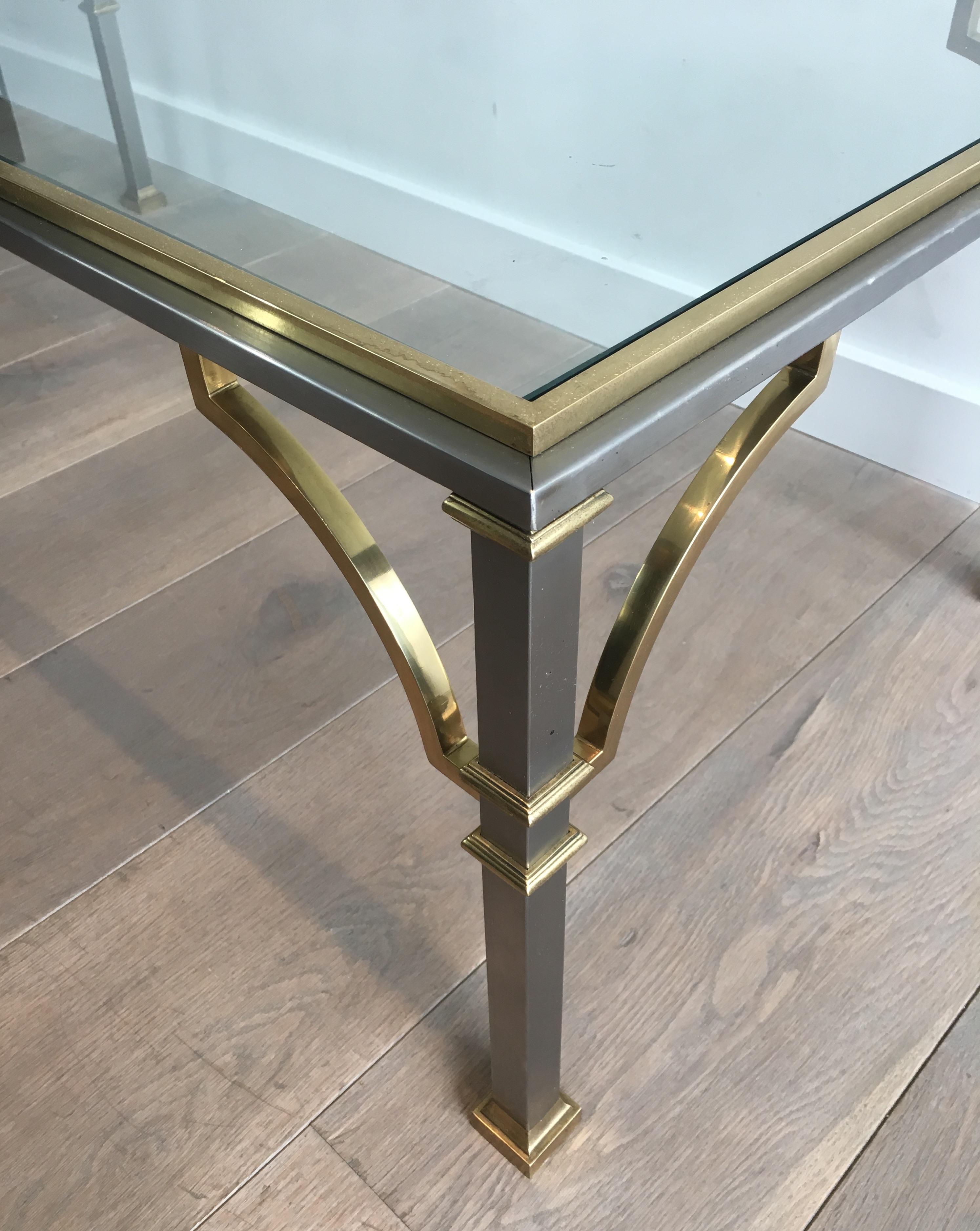 In the Style of Maison Jansen, Neoclassical Brushed Steel and Brass Coffee Table 3
