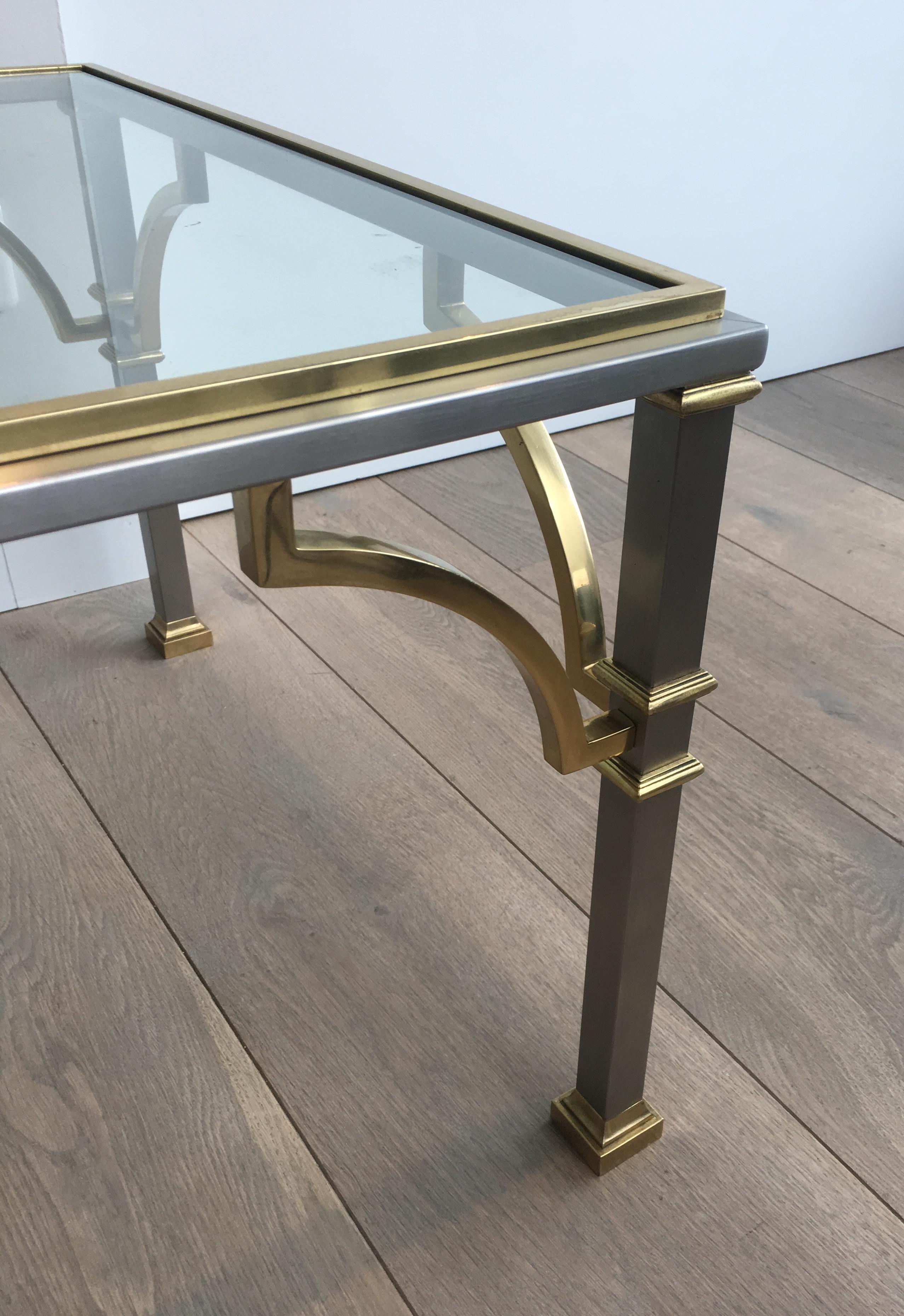 In the Style of Maison Jansen, Neoclassical Brushed Steel and Brass Coffee Table 4