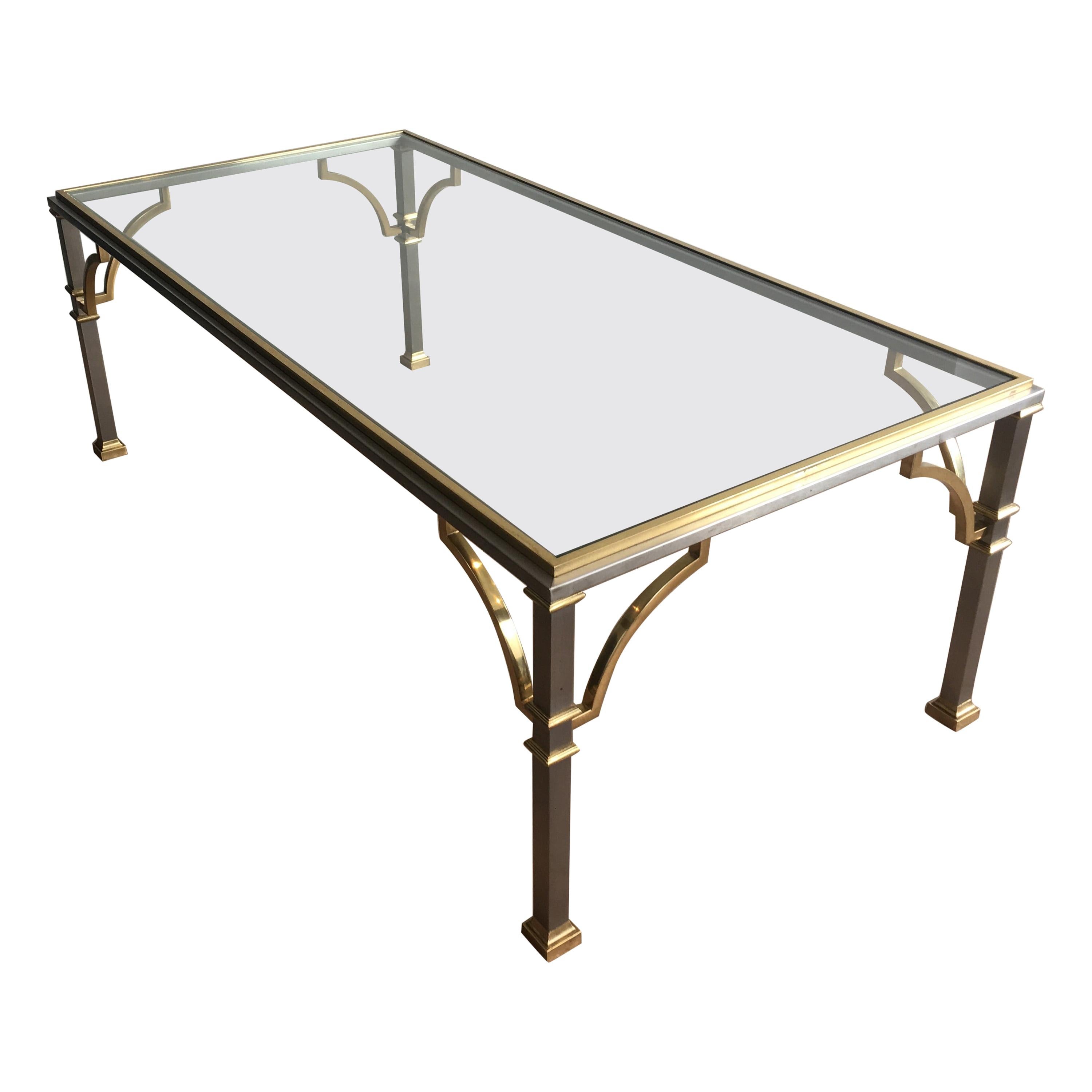 In the Style of Maison Jansen, Neoclassical Brushed Steel and Brass Coffee Table
