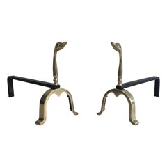 In the Style of Maison Jansen, Pair of Brass and Wrought Iron Ducks Andirons