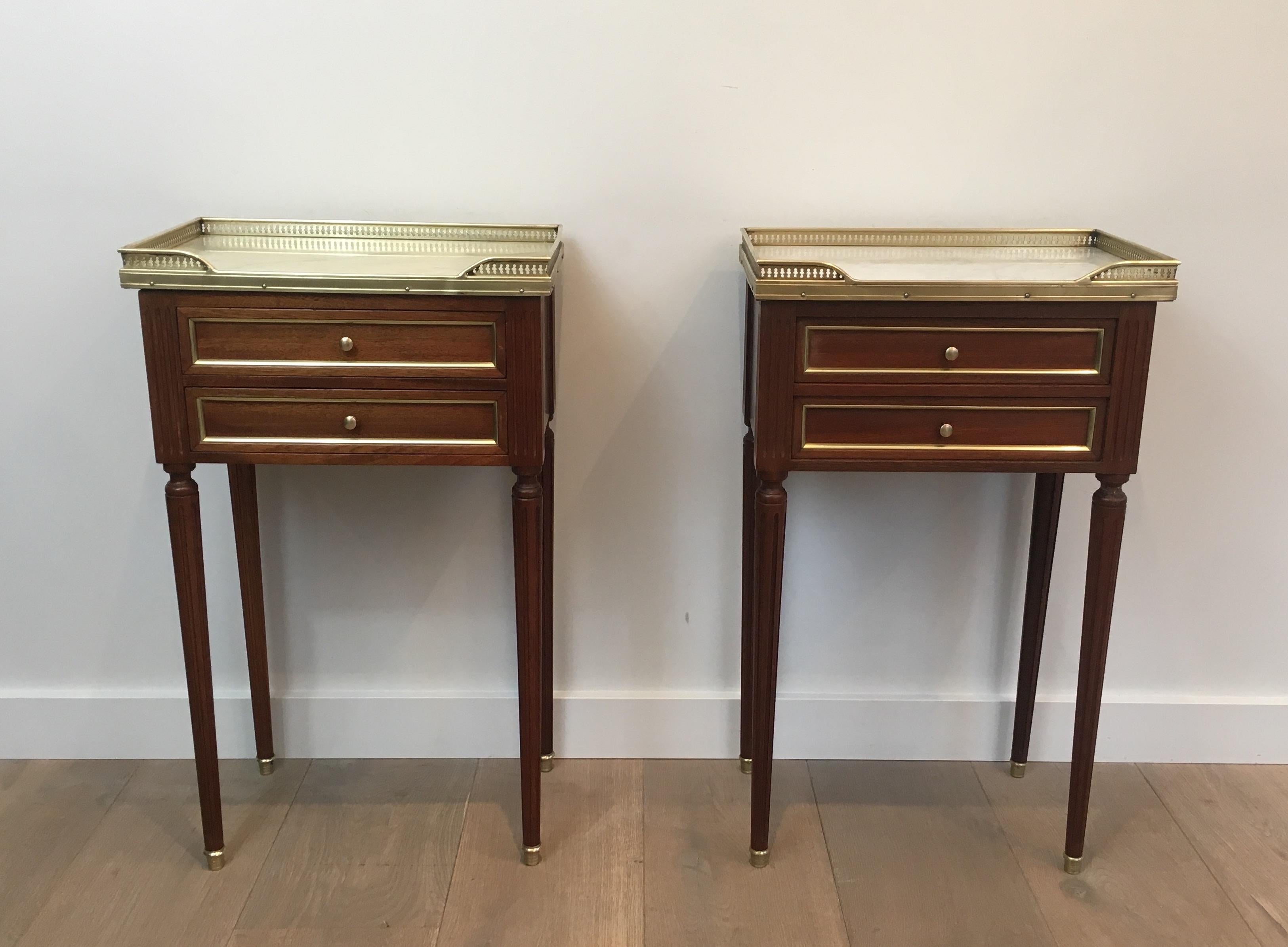 Neoclassical Pair of Mahogany, Brass and Marble Side Tables in the Style of Maison Jansen