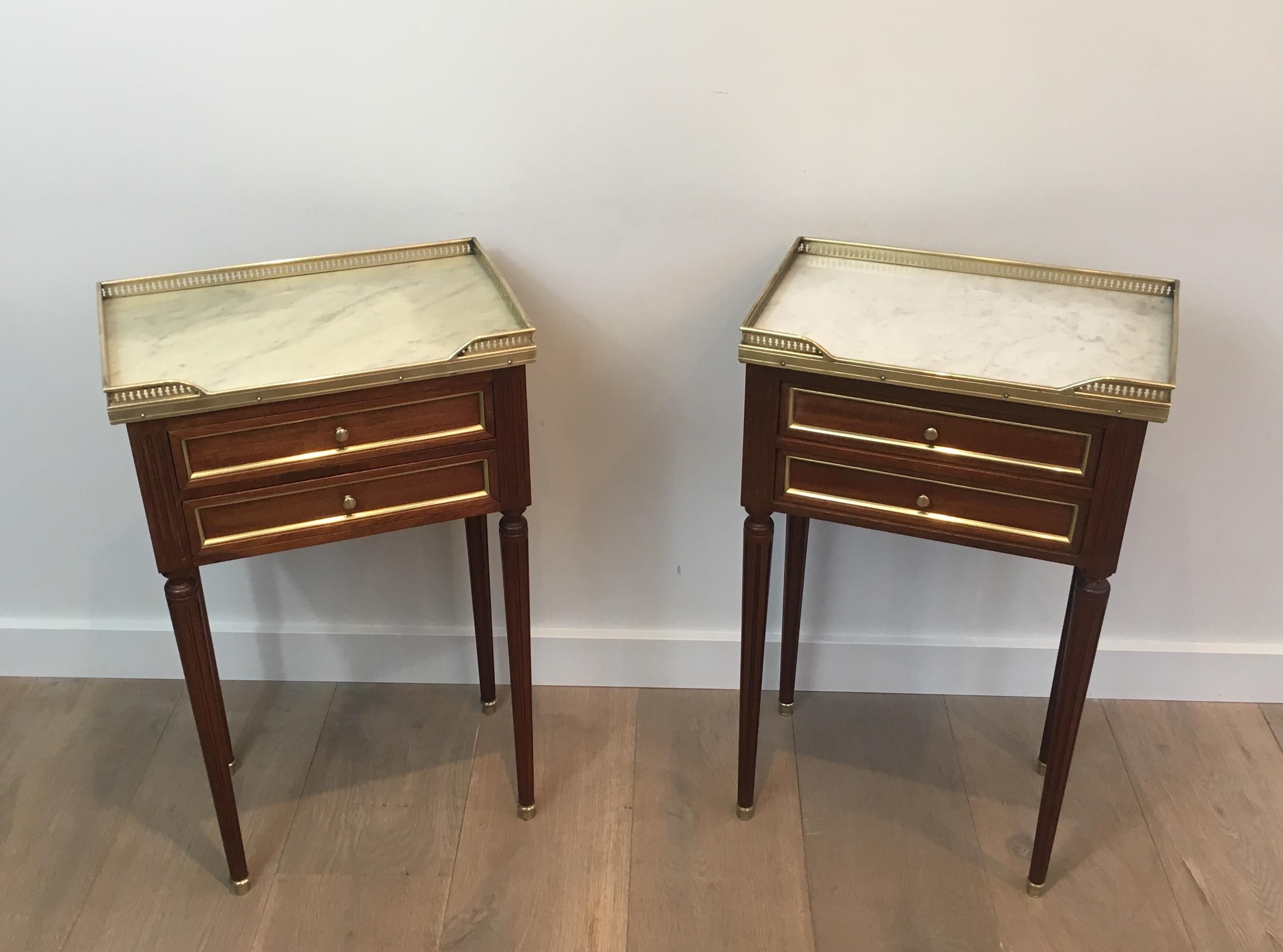French Pair of Mahogany, Brass and Marble Side Tables in the Style of Maison Jansen