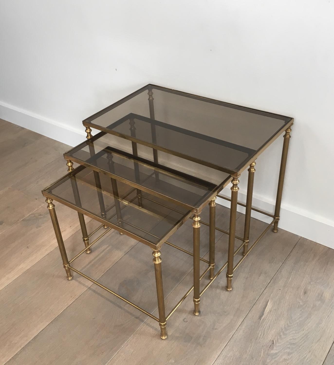In the style of Maison Jansen. Pair of Neoclassical Nesting Tables Sets in Brass 6