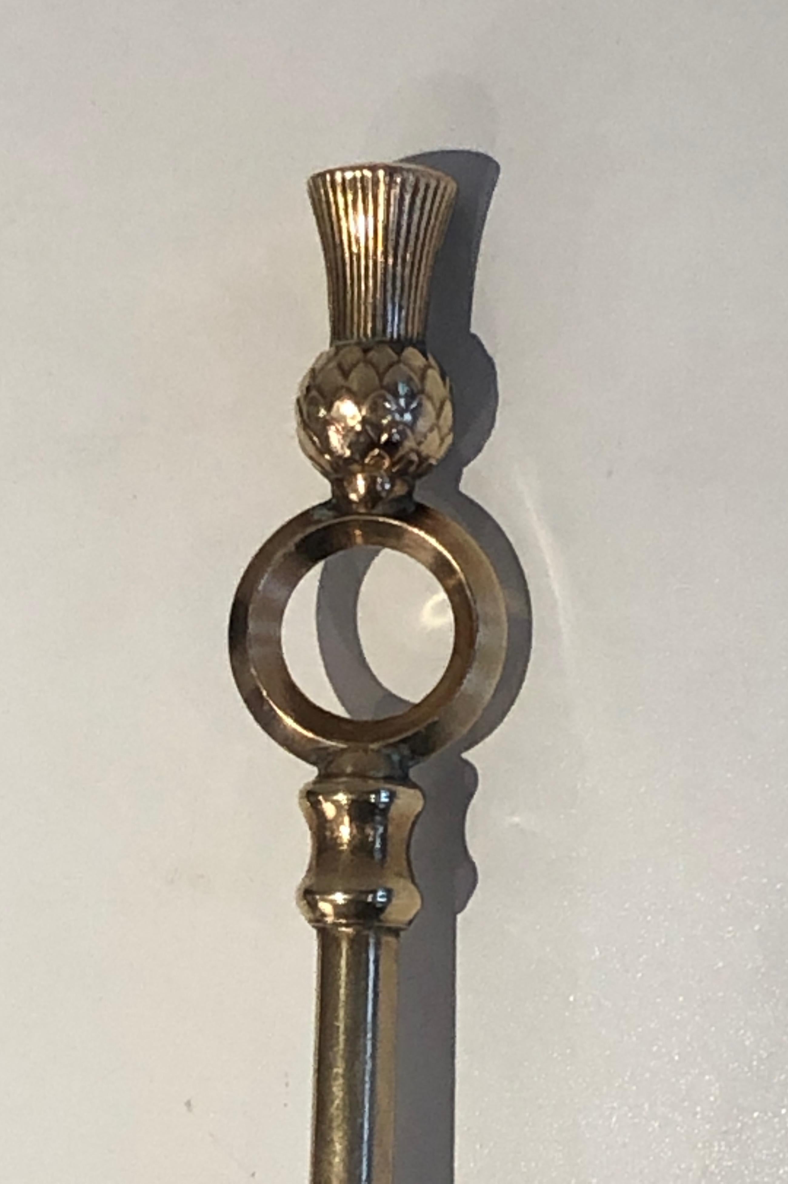 In the Style of Maison Jansen, Pineapple Brass Low Fire Place Tools on Stand, Fr For Sale 9