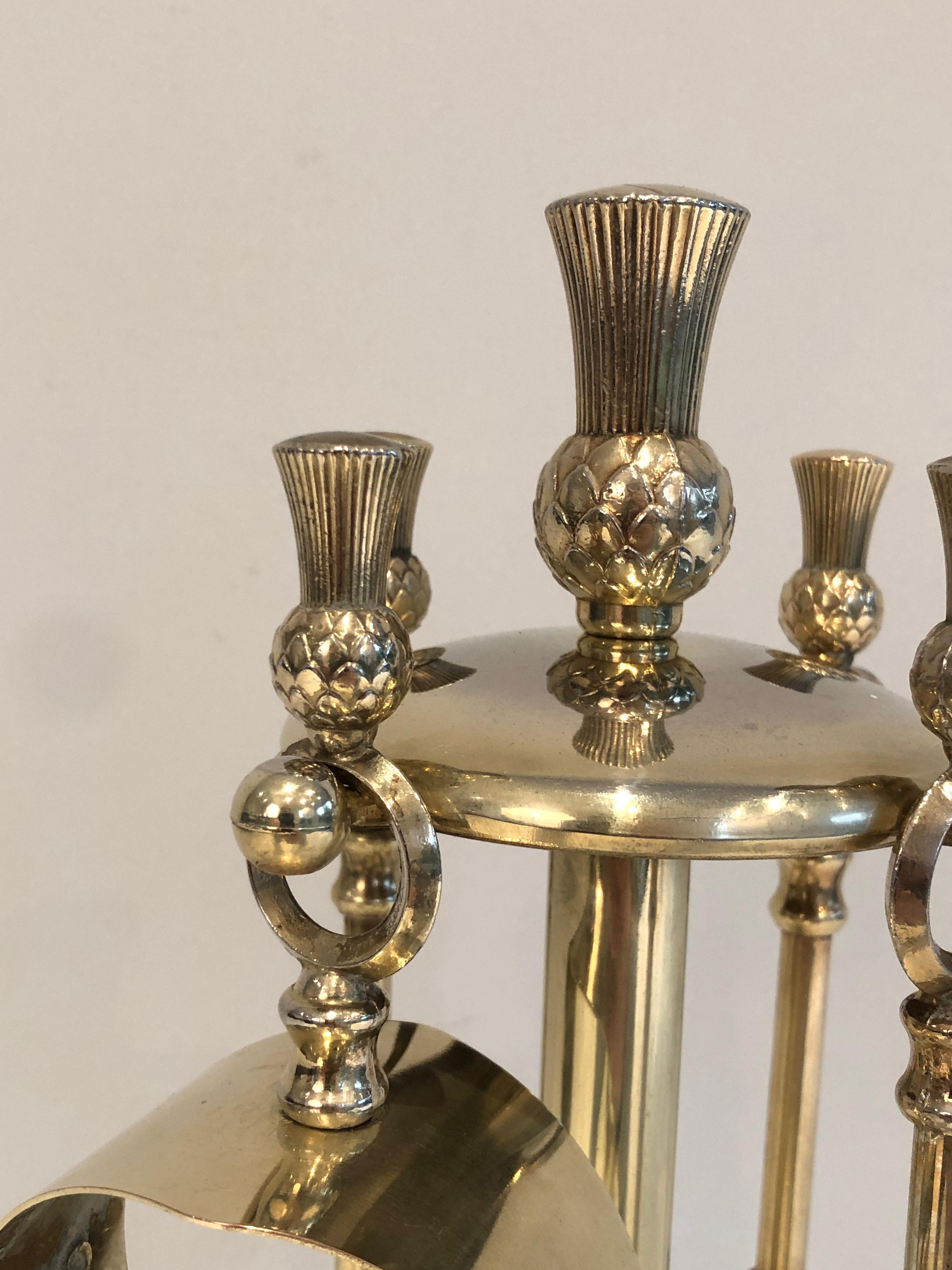 In the Style of Maison Jansen, Pineapple Brass Low Fire Place Tools on Stand, Fr For Sale 10