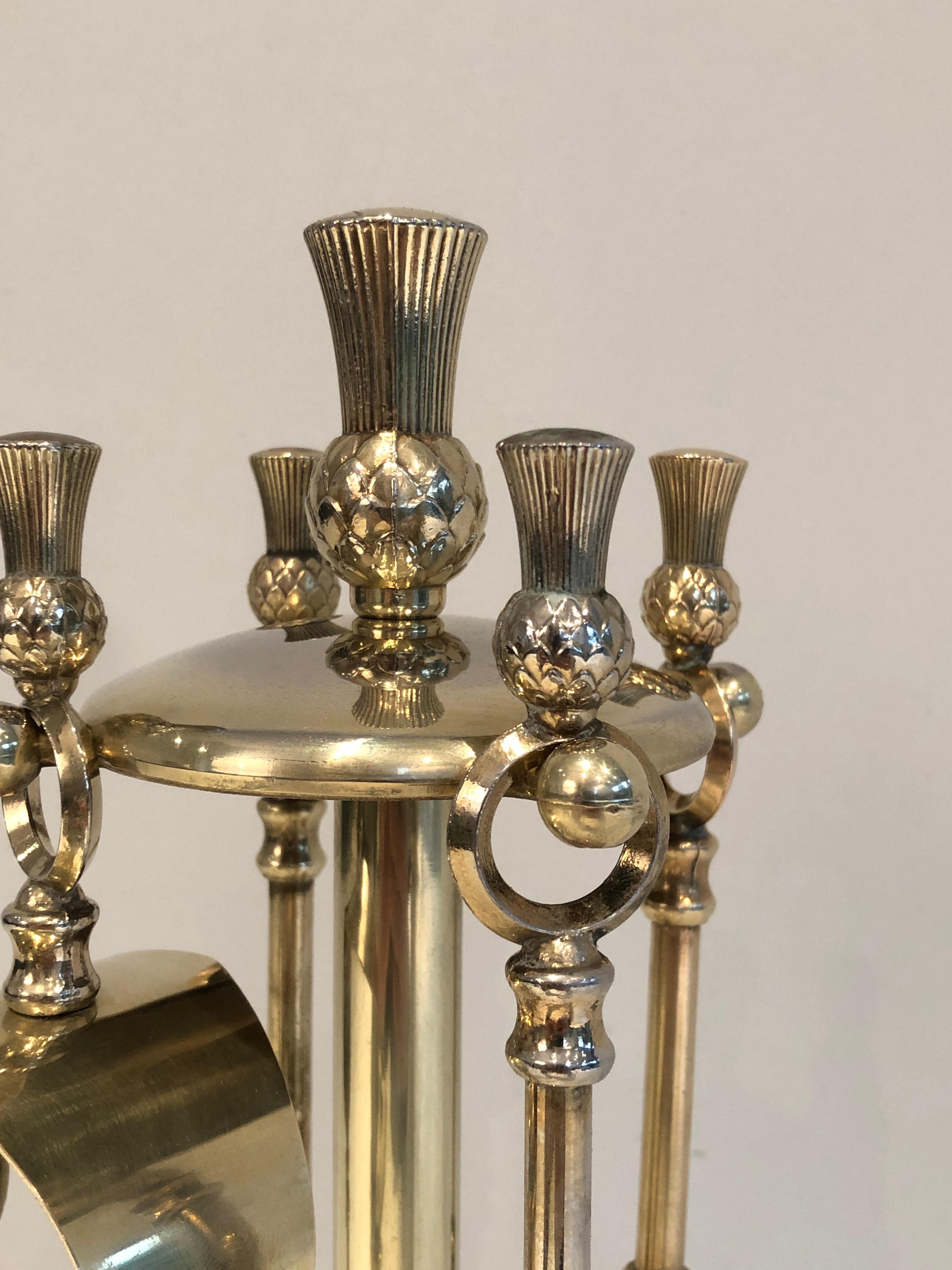 In the Style of Maison Jansen, Pineapple Brass Low Fire Place Tools on Stand, Fr For Sale 11
