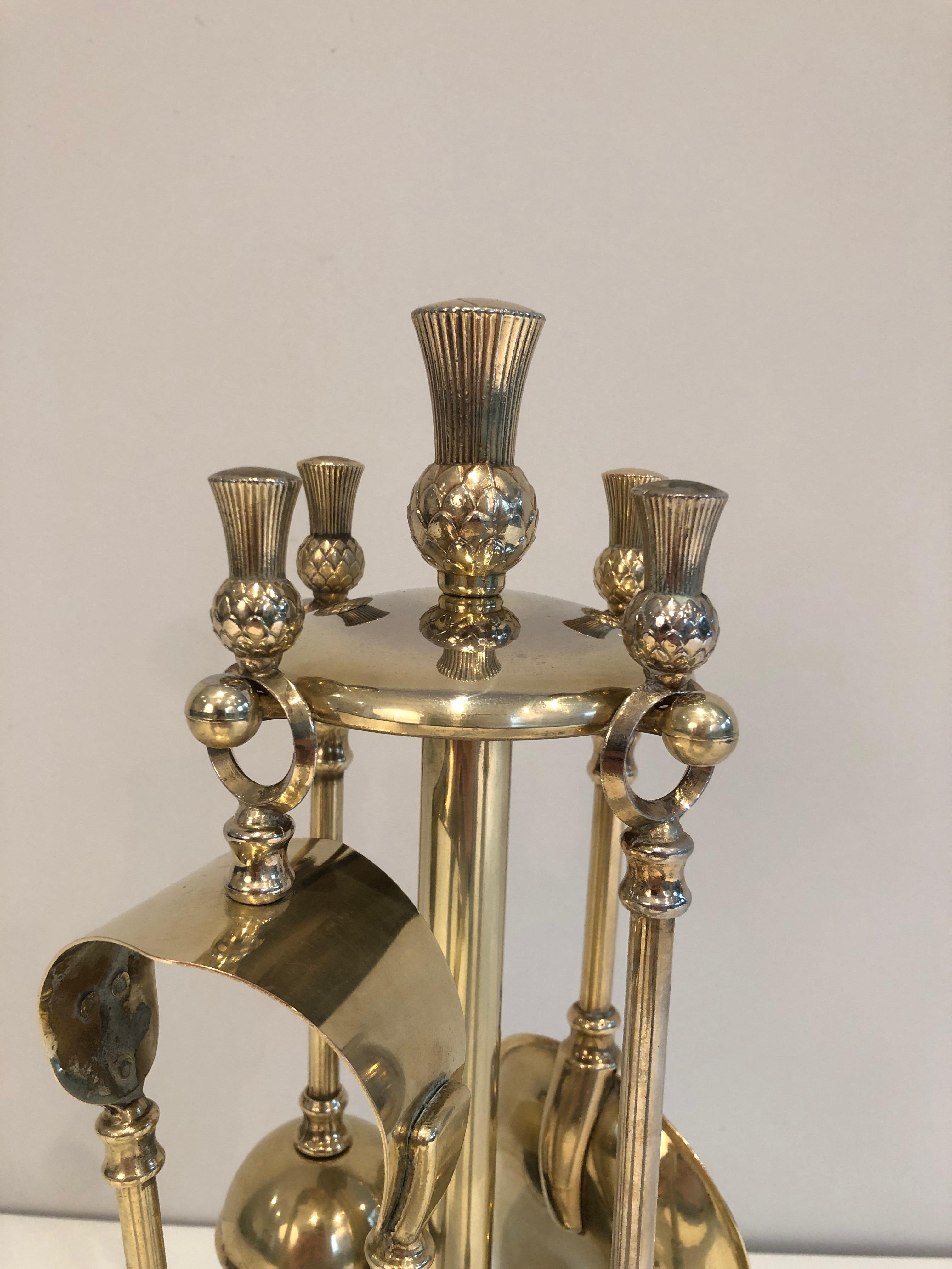 In the Style of Maison Jansen, Pineapple Brass Low Fire Place Tools on Stand, Fr For Sale 12