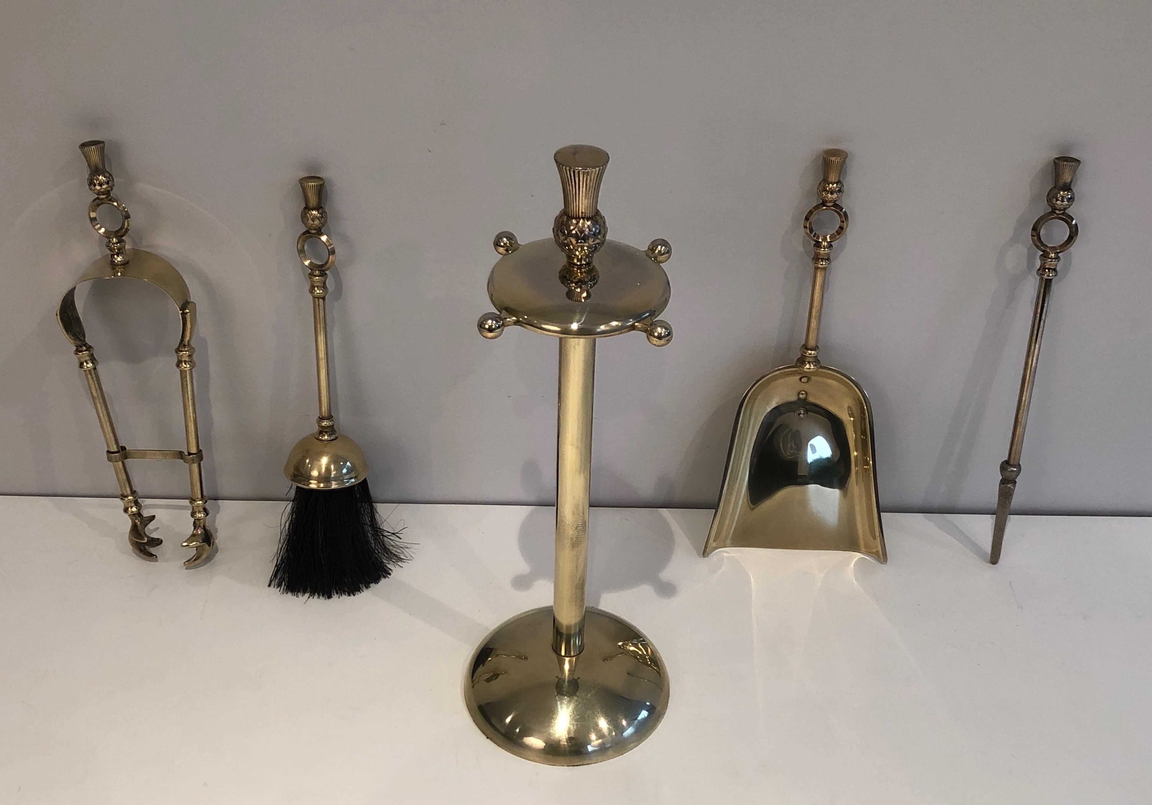 In the Style of Maison Jansen, Pineapple Brass Low Fire Place Tools on Stand, Fr For Sale 13
