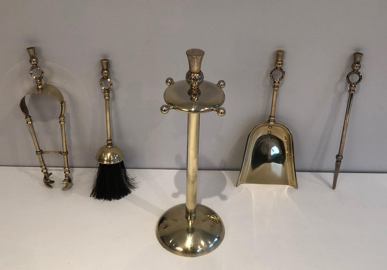 In the Style of Maison Jansen, Pineapple Brass Low Fire Place Tools on Stand, Fr For Sale 15