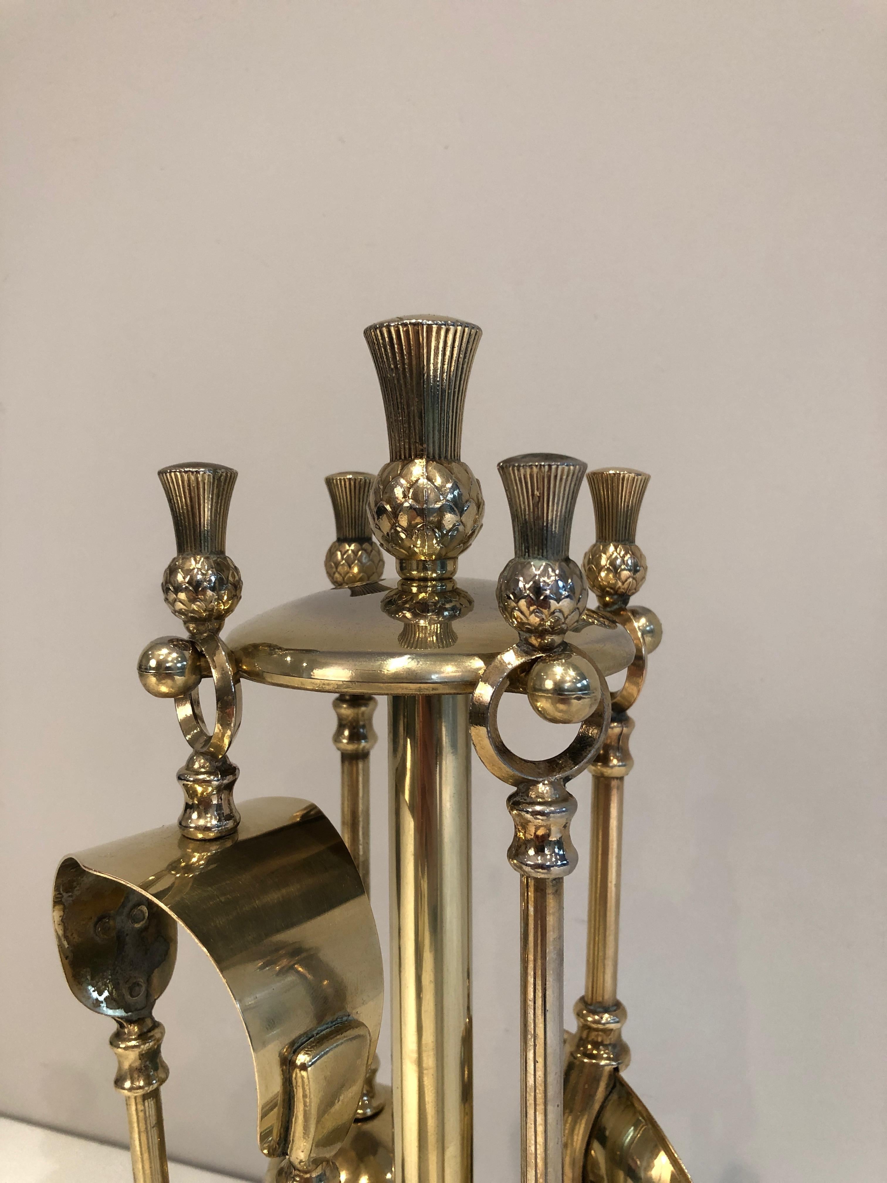 French In the Style of Maison Jansen, Pineapple Brass Low Fire Place Tools on Stand, Fr For Sale
