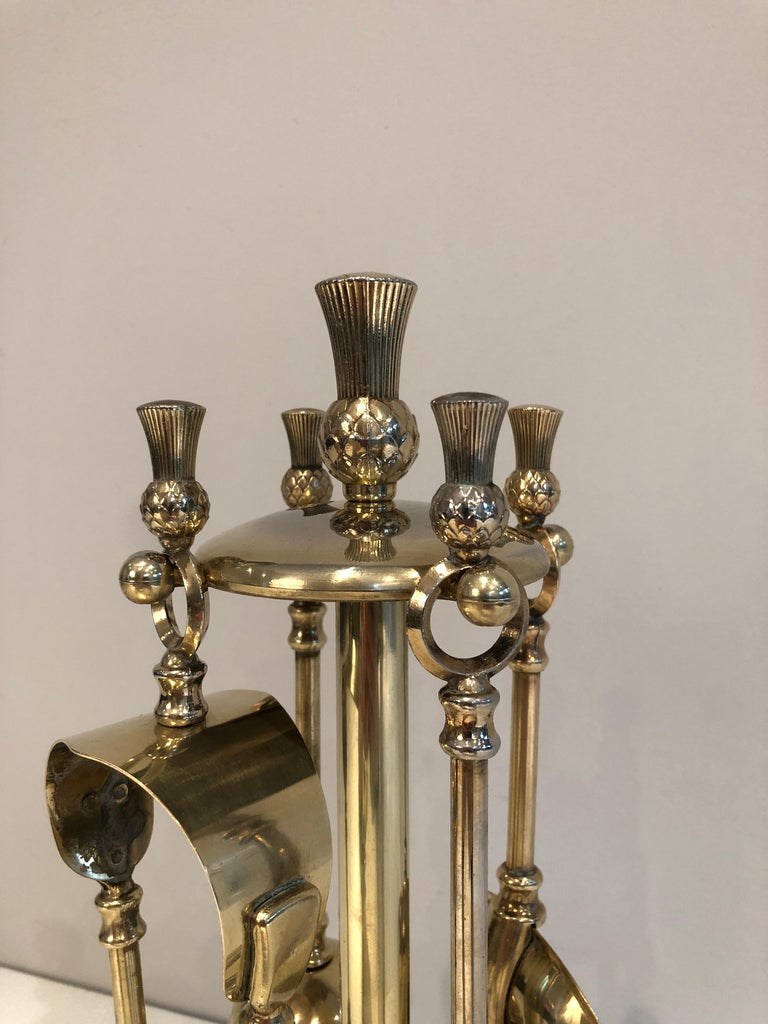 Late 20th Century In the Style of Maison Jansen, Pineapple Brass Low Fire Place Tools on Stand, Fr For Sale