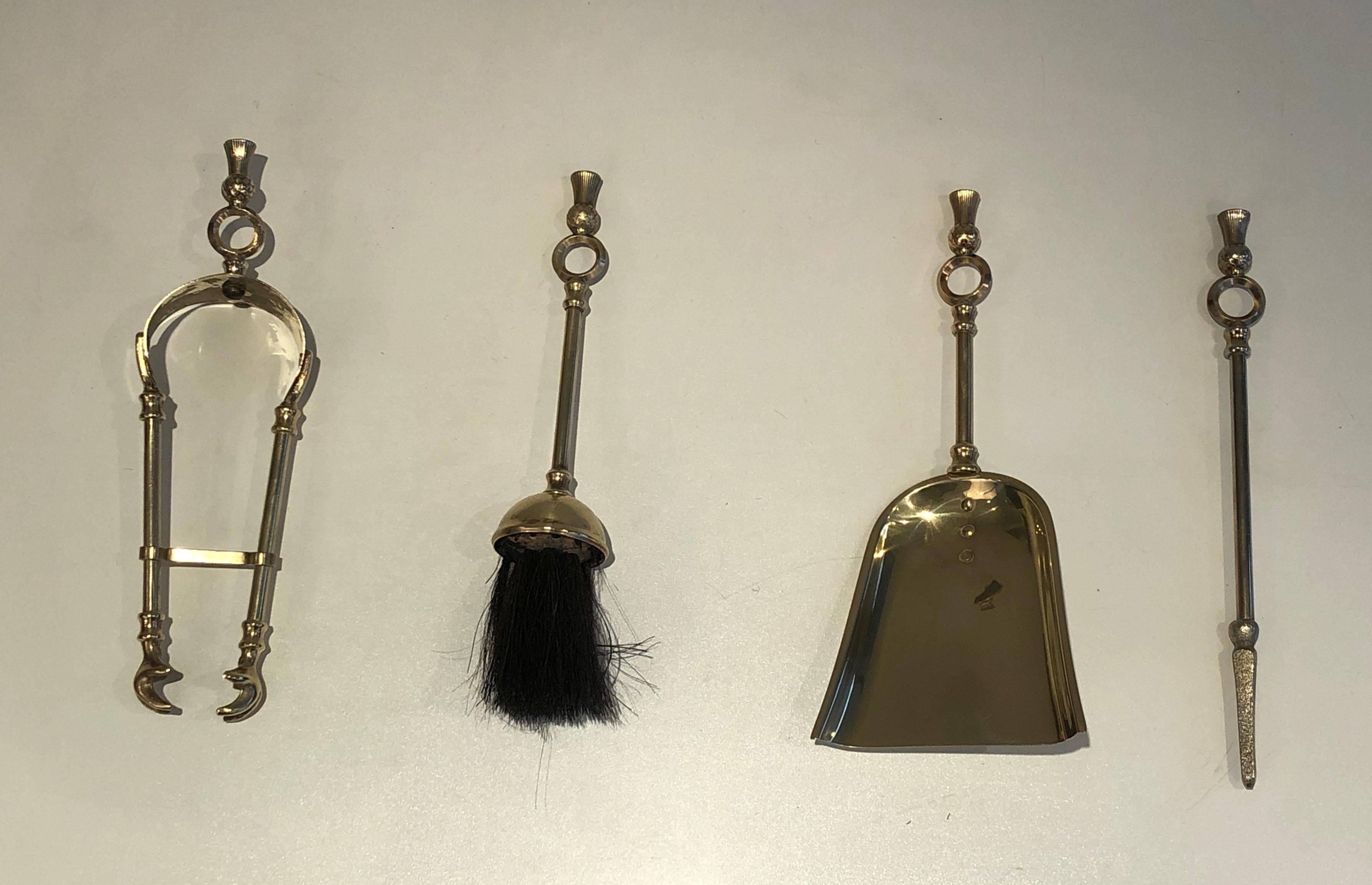 In the Style of Maison Jansen, Pineapple Brass Low Fire Place Tools on Stand, Fr For Sale 1