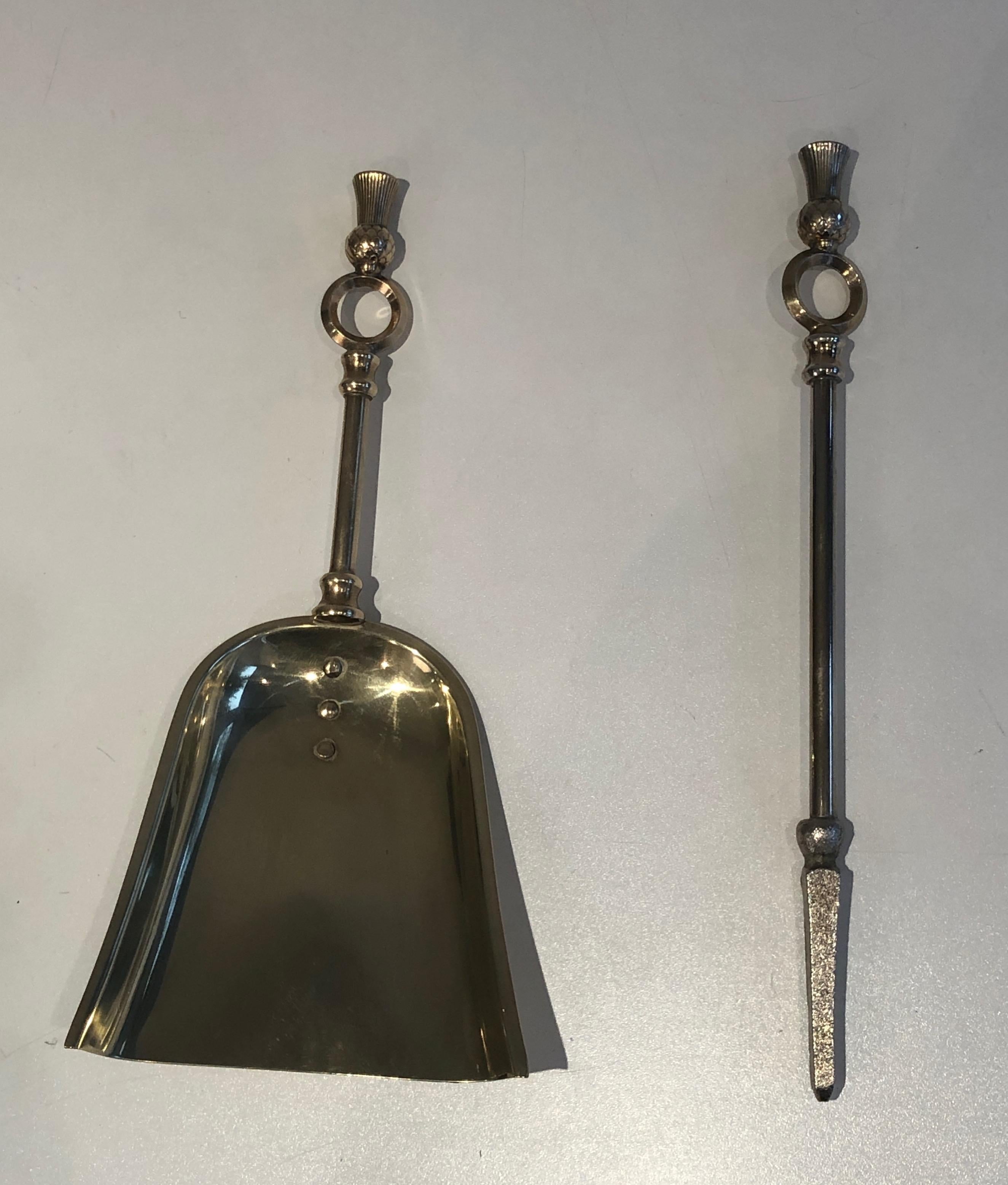 In the Style of Maison Jansen, Pineapple Brass Low Fire Place Tools on Stand, Fr For Sale 2