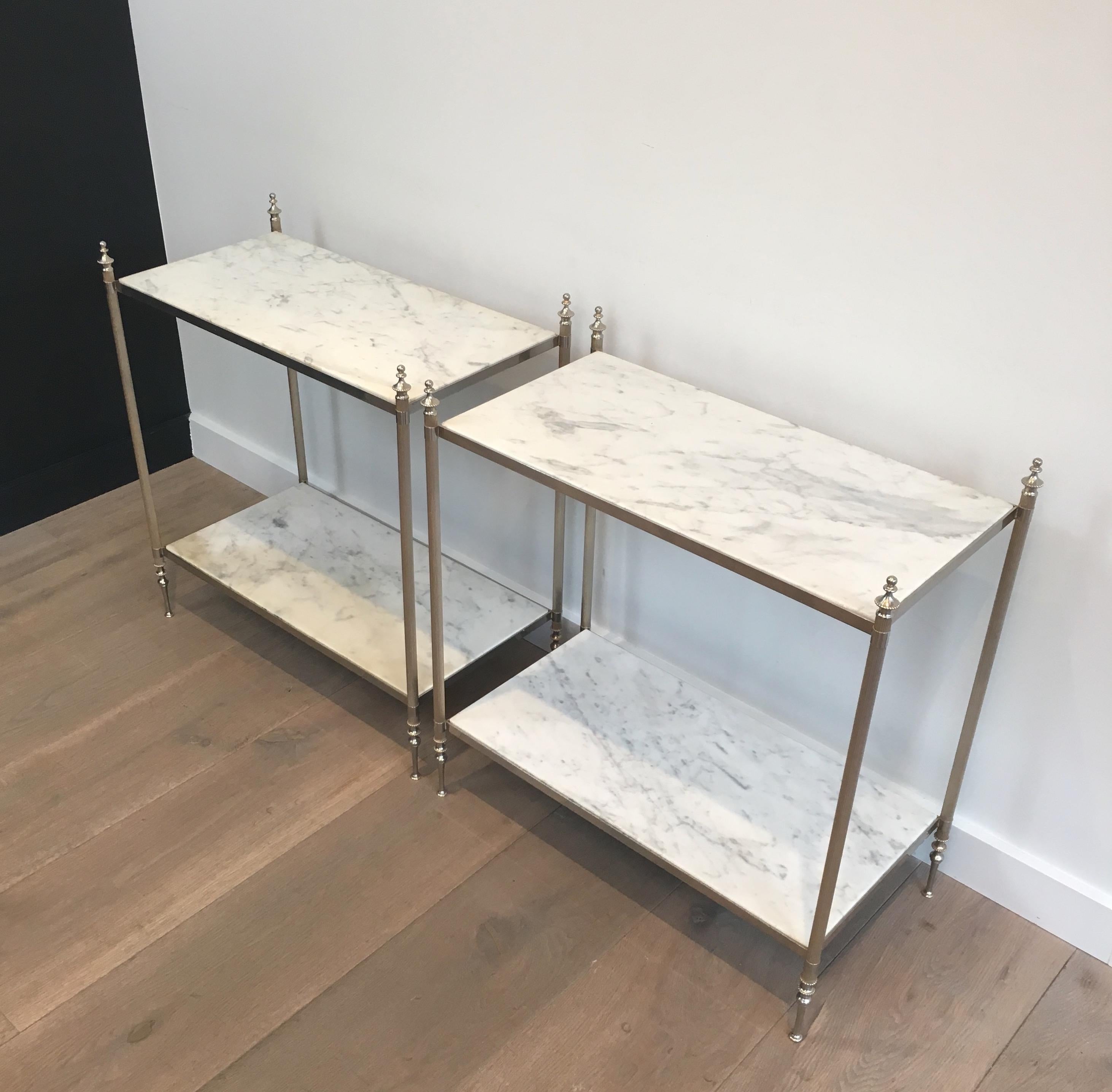Neoclassical Rare Pair of Silvered Side Tables with White in the Style of Maison Jansen