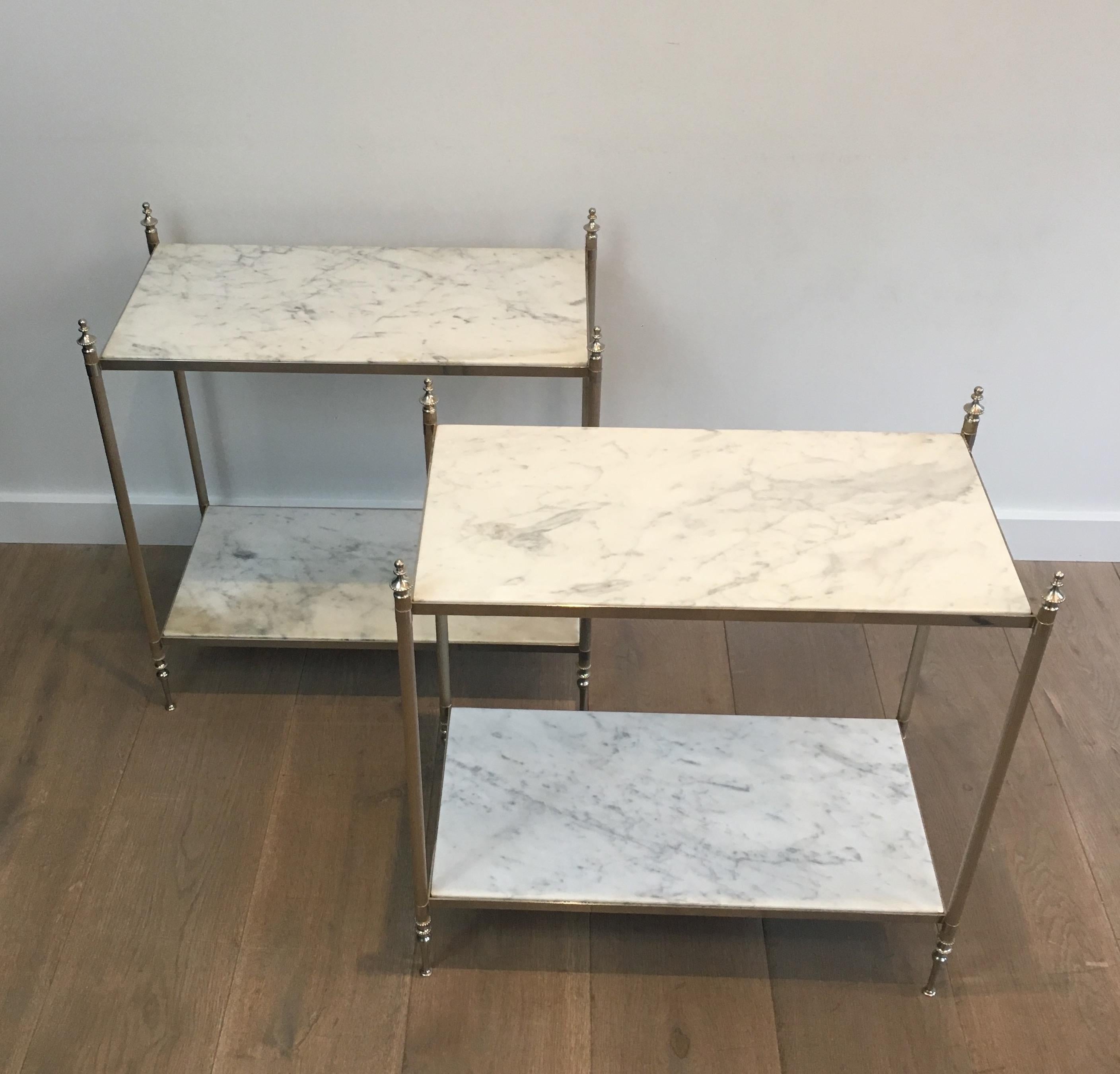 French Rare Pair of Silvered Side Tables with White in the Style of Maison Jansen