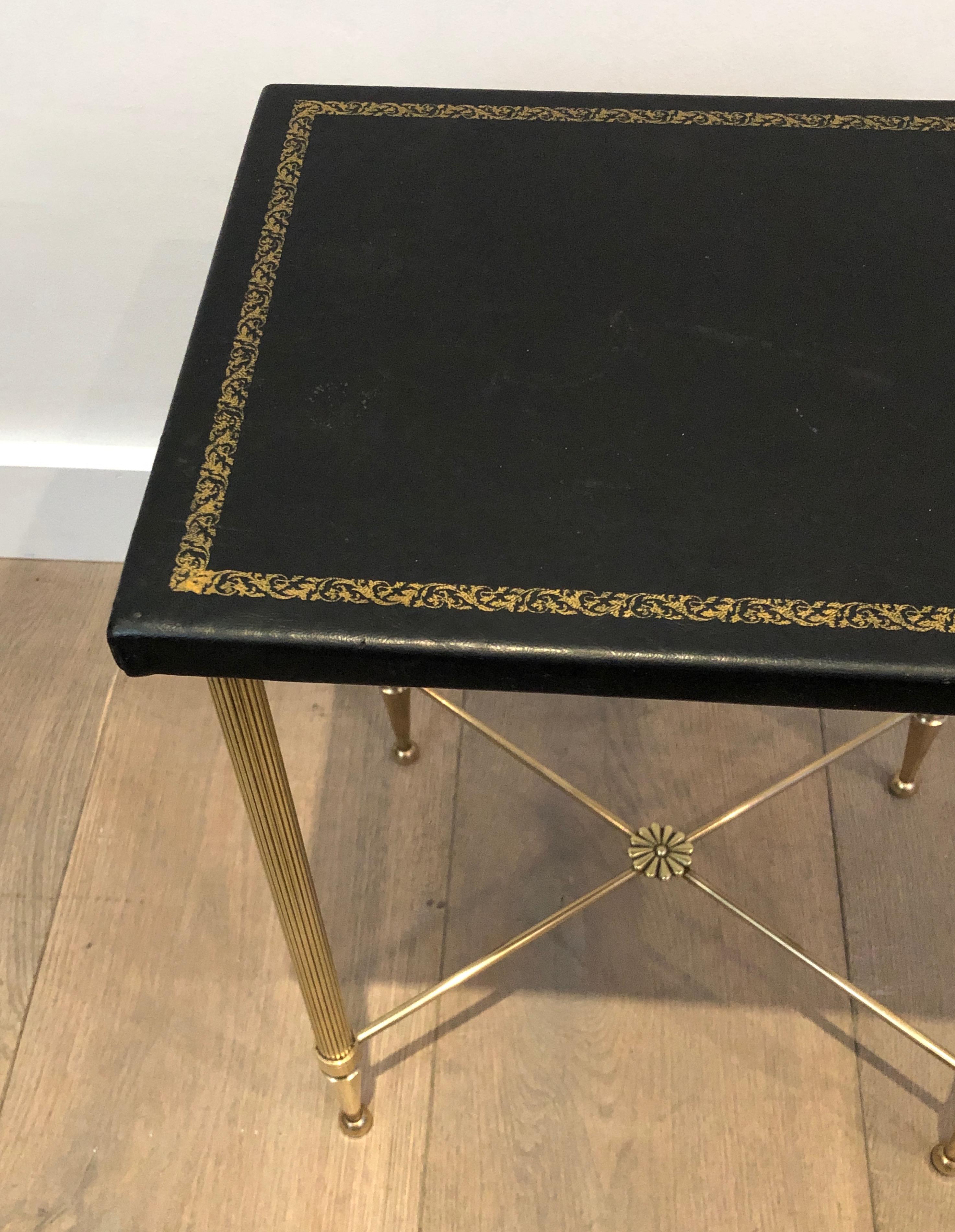 Neoclassical In the Style of Maison Jansen, Small Brass and Gold-Trimmed Leather Side Table