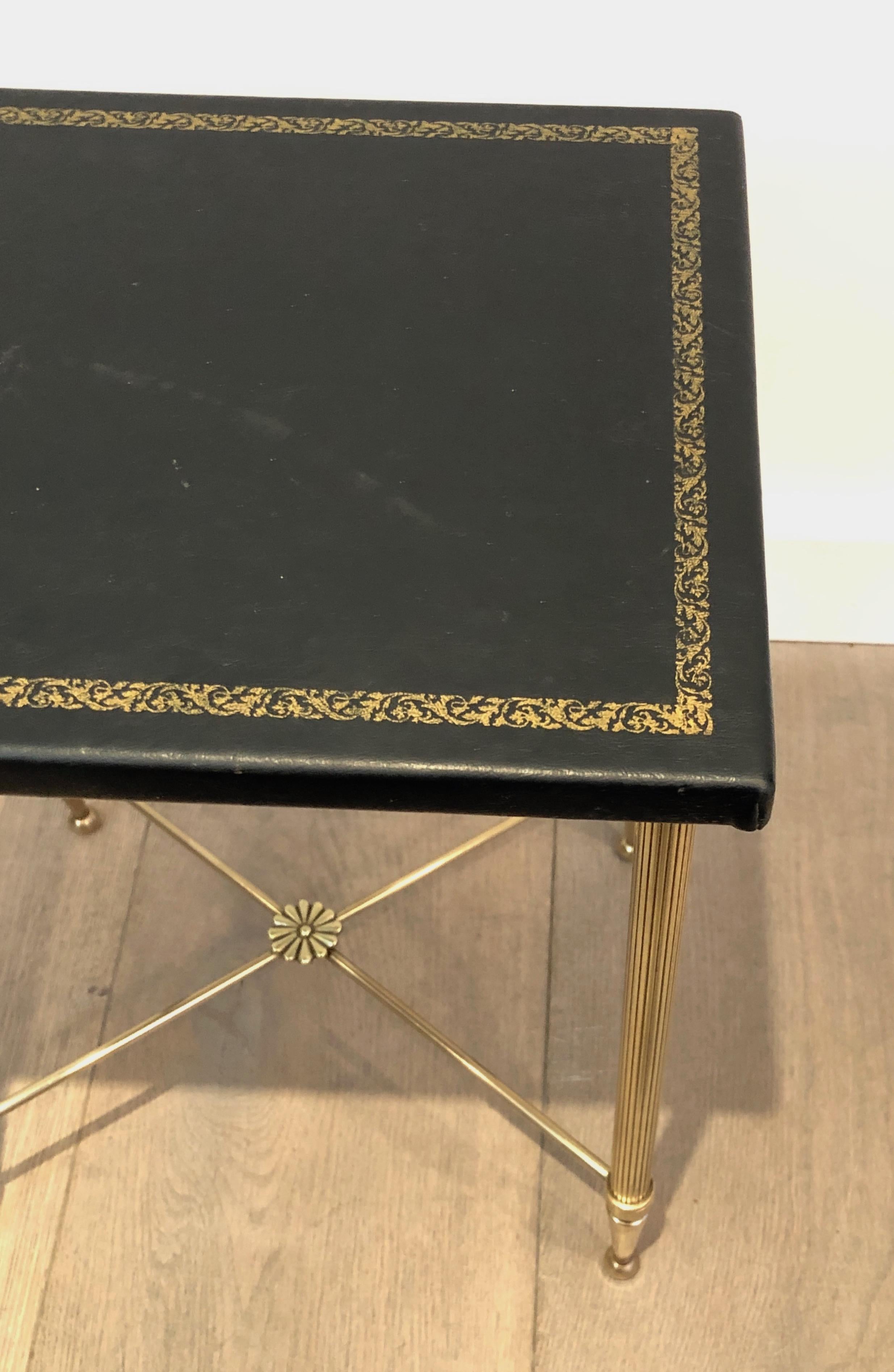 French In the Style of Maison Jansen, Small Brass and Gold-Trimmed Leather Side Table