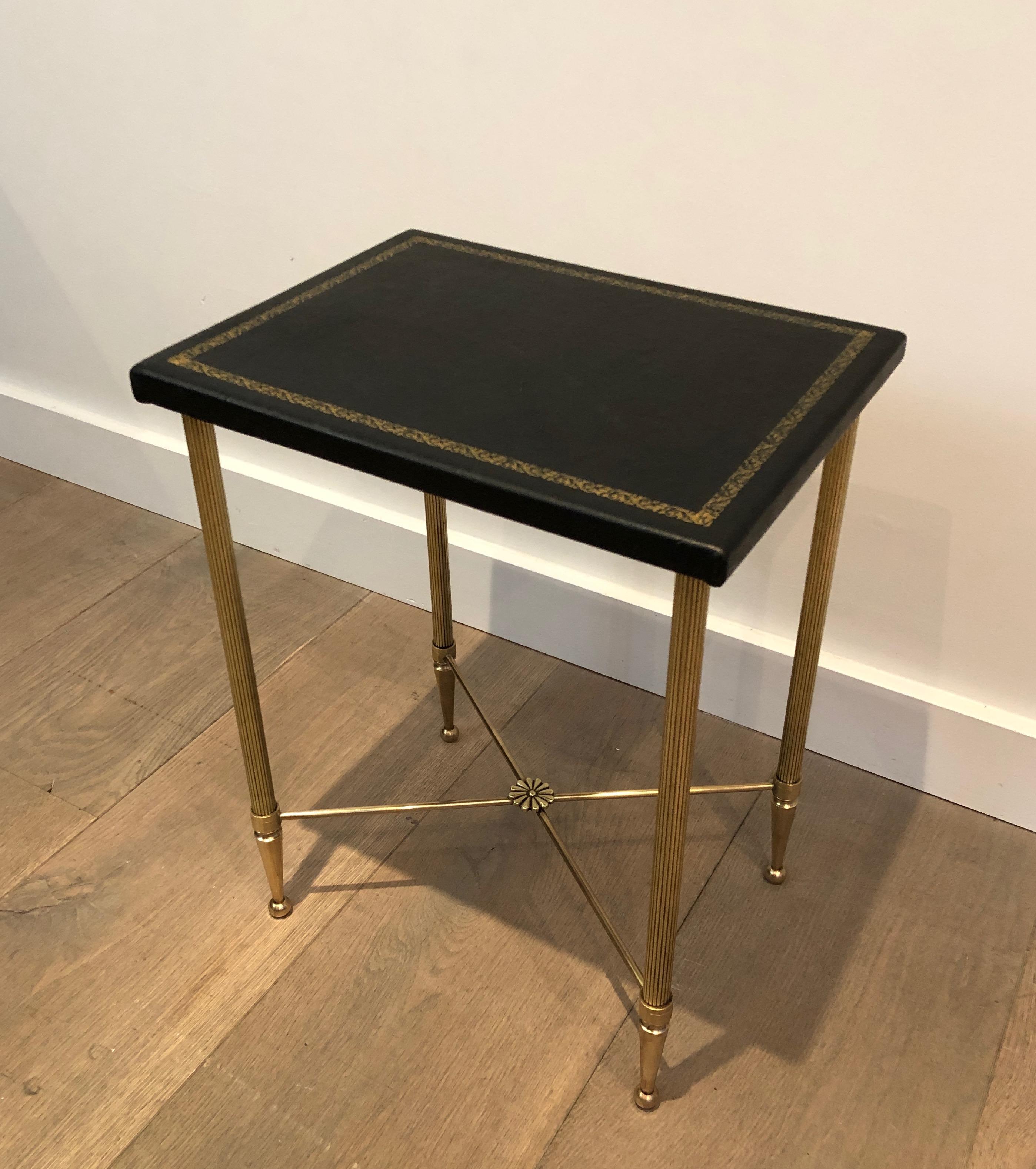 In the Style of Maison Jansen, Small Brass and Gold-Trimmed Leather Side Table 2