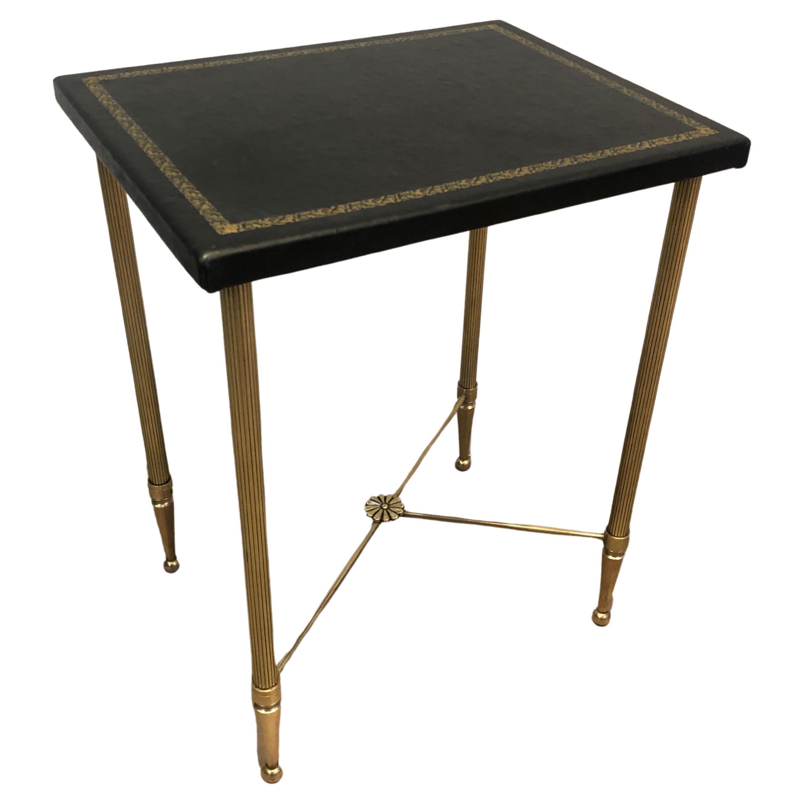 In the Style of Maison Jansen, Small Brass and Gold-Trimmed Leather Side Table 3