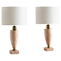 In the style of Maitland Smith Pink Tessellated Marble Lamps, Pair