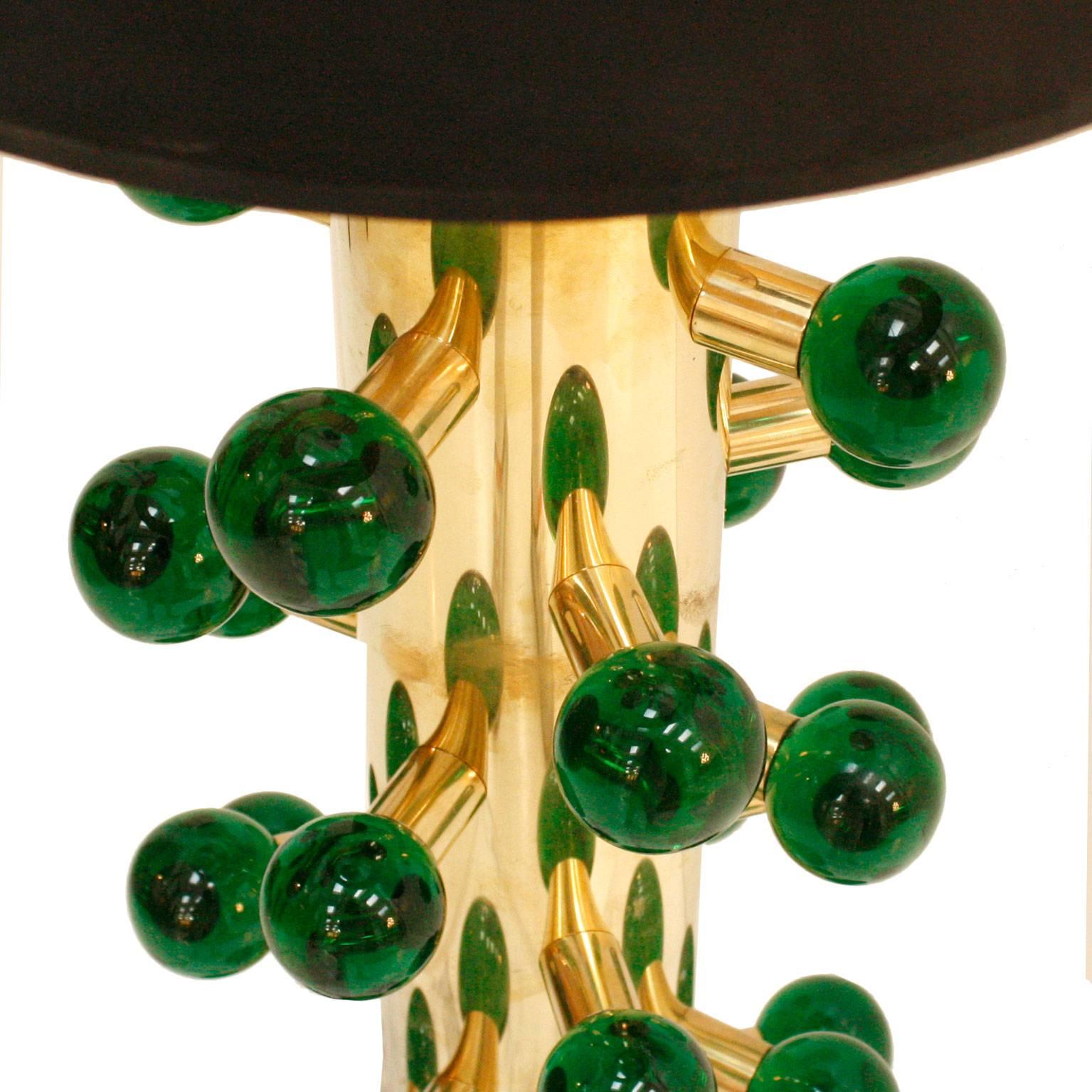 Mid-Century Modern In the Style of Midcentury Green Murano Glass and Brass Base Italian Table Lamps For Sale