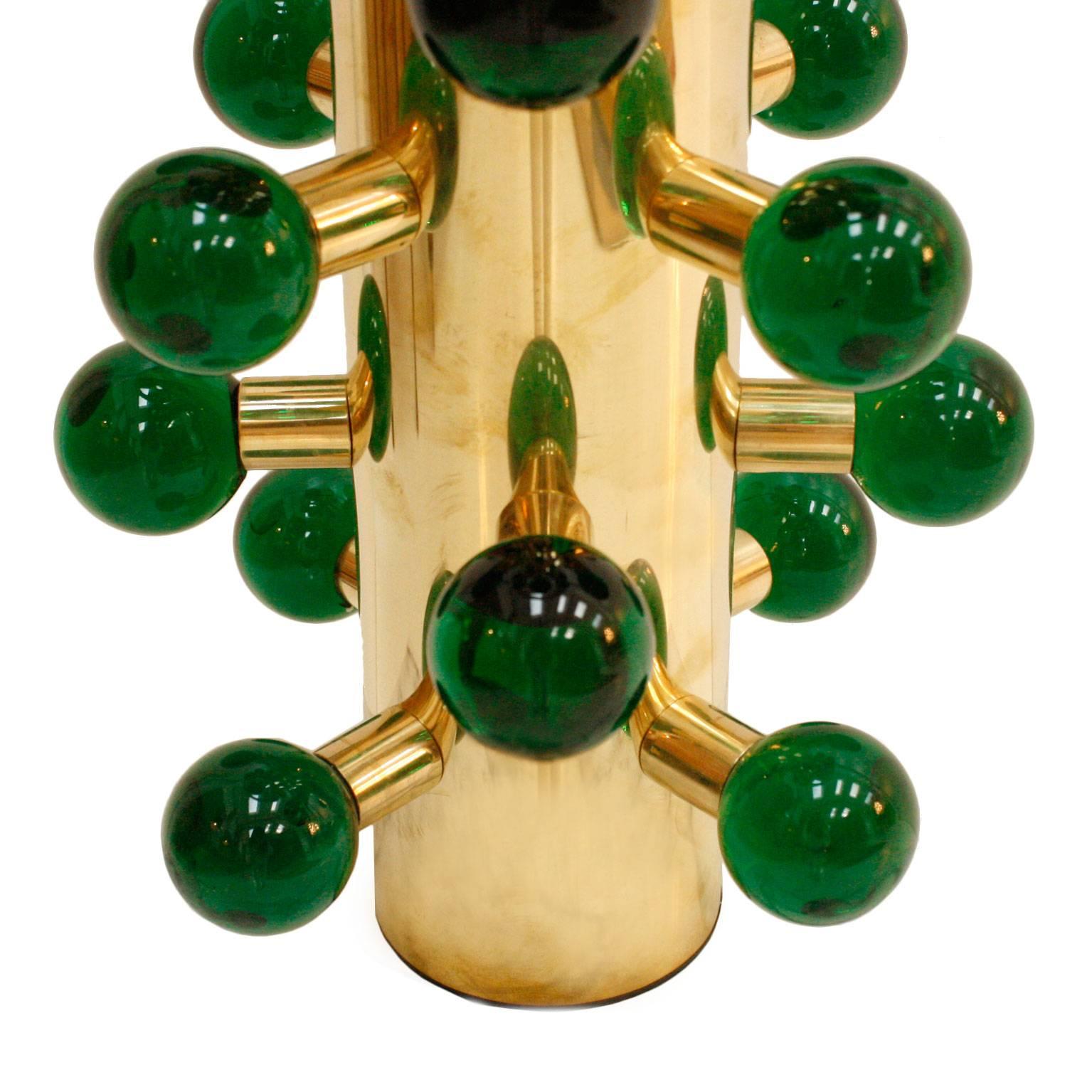 Polished In the Style of Midcentury Green Murano Glass and Brass Base Italian Table Lamps For Sale