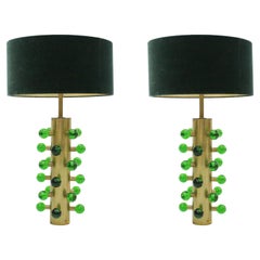 In the Style of Midcentury Green Murano Glass and Brass Base Italian Table Lamps