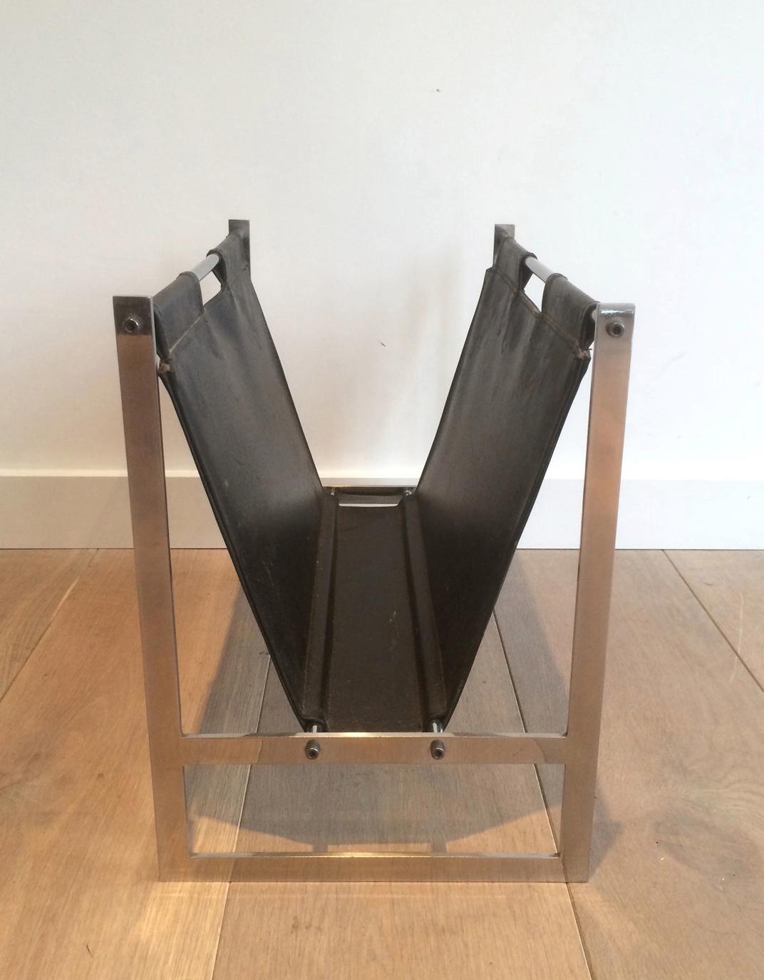 Mid-Century Modern In the Style of Poul Kjaerholm, Brushed Steel and Black Leather Magazine Rack For Sale