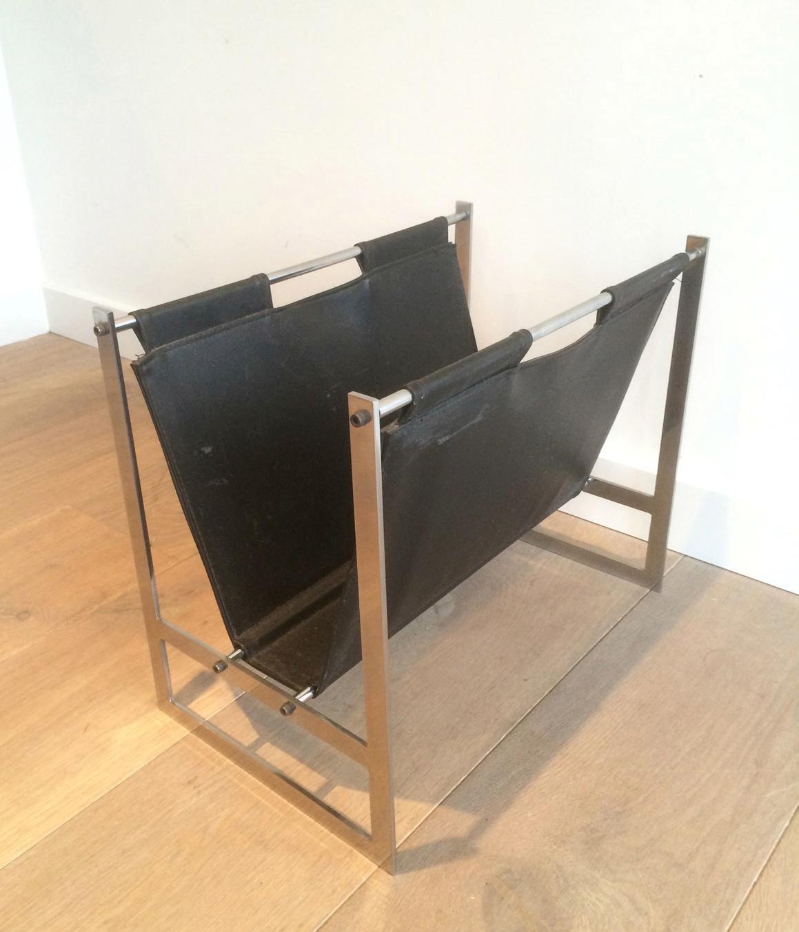 Danish In the Style of Poul Kjaerholm, Brushed Steel and Black Leather Magazine Rack For Sale