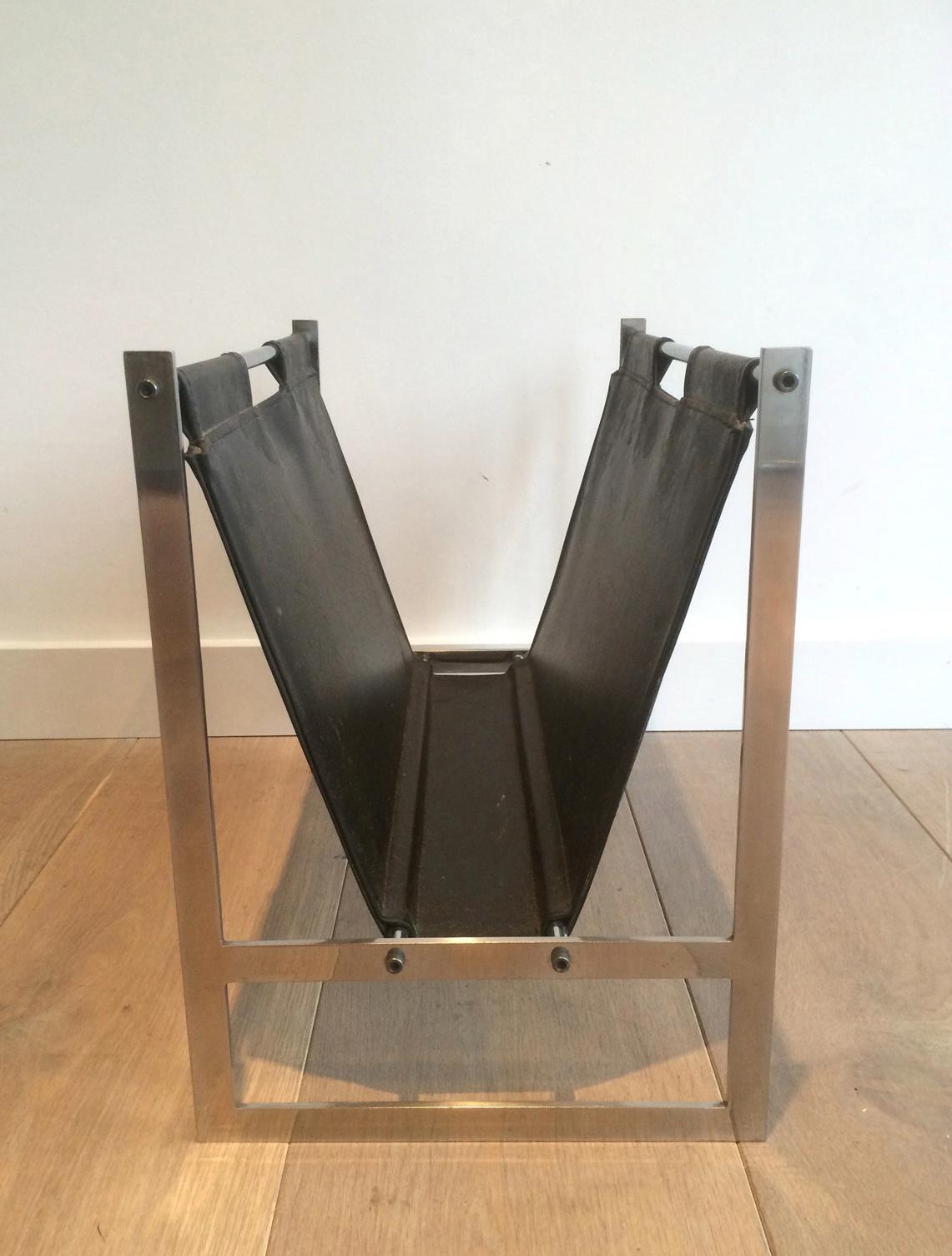 Blackened In the Style of Poul Kjaerholm, Brushed Steel and Black Leather Magazine Rack For Sale