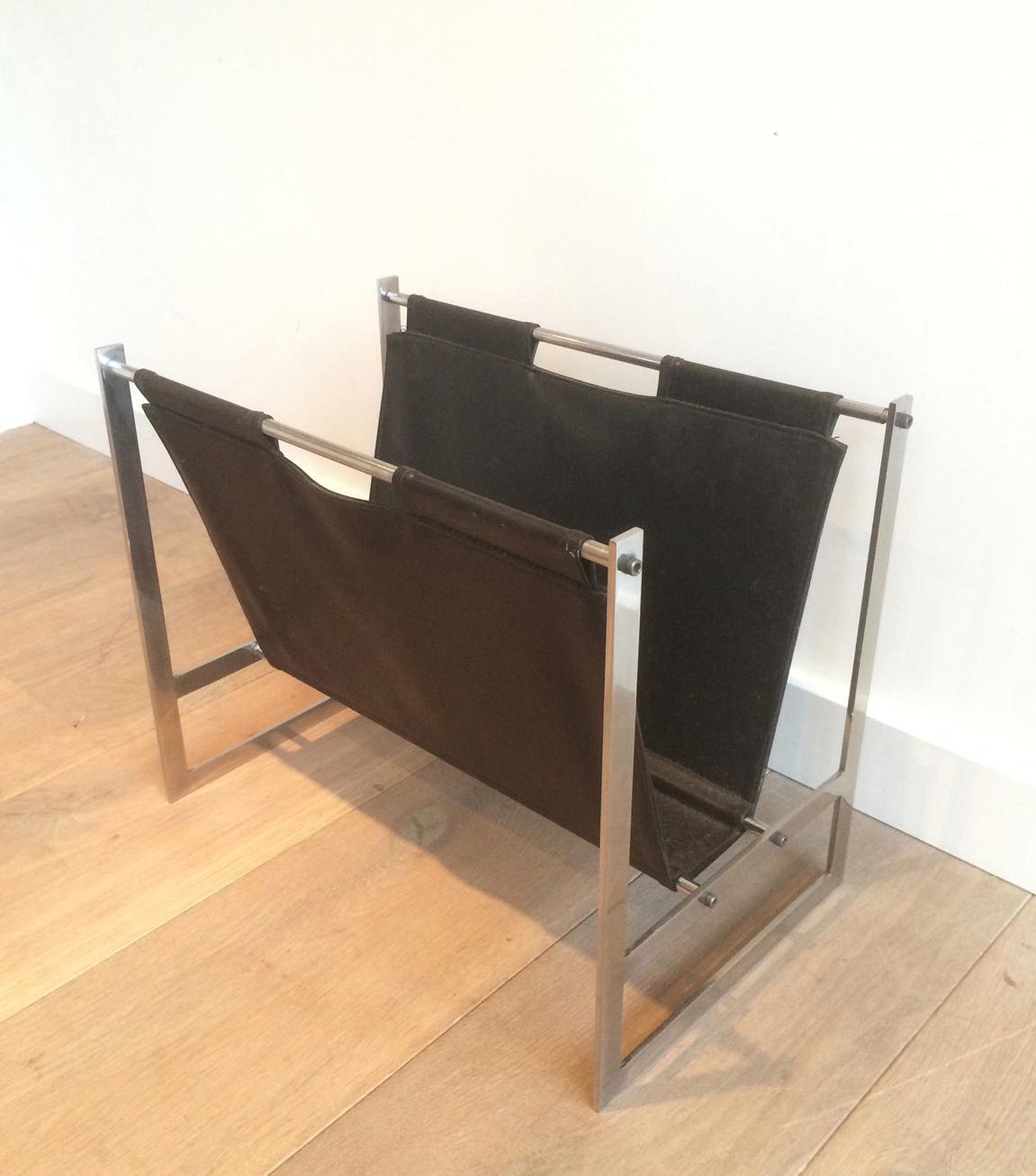 Late 20th Century In the Style of Poul Kjaerholm, Brushed Steel and Black Leather Magazine Rack For Sale