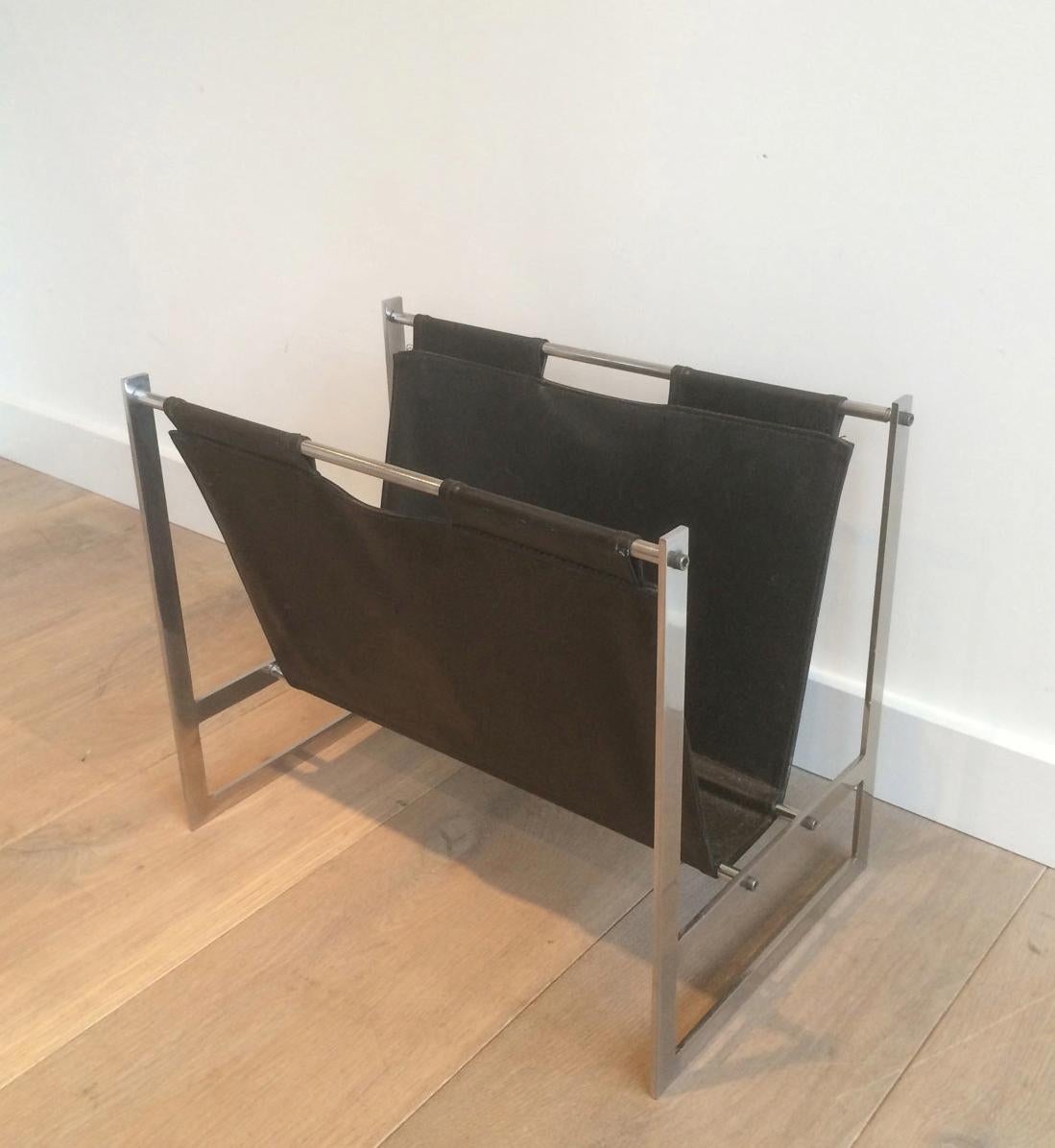 In the Style of Poul Kjaerholm, Brushed Steel and Black Leather Magazine Rack For Sale 1