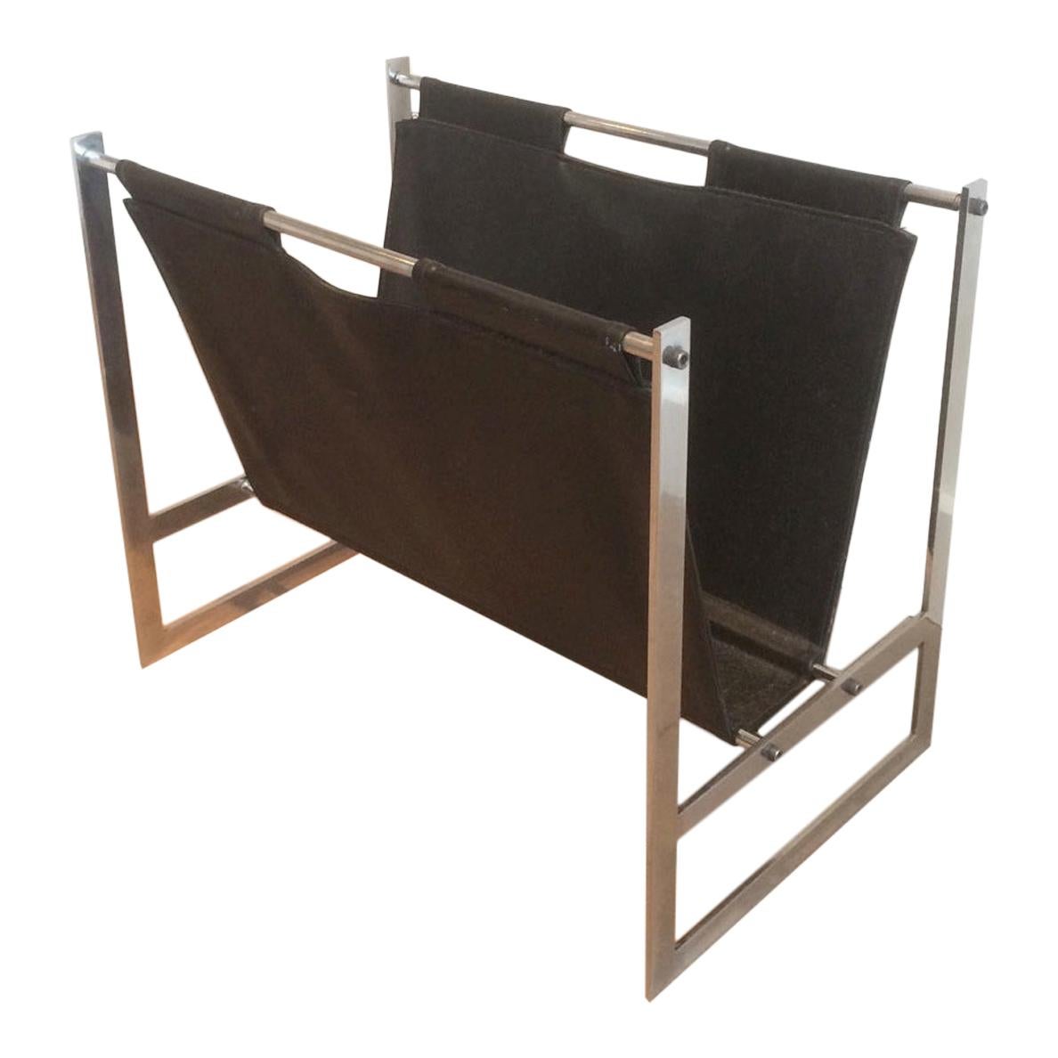 In the Style of Poul Kjaerholm, Brushed Steel and Black Leather Magazine Rack
