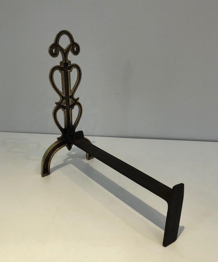 In the Style of Raymond Subes, Pair of Brass and Wrought Iron Andirons, French For Sale 5