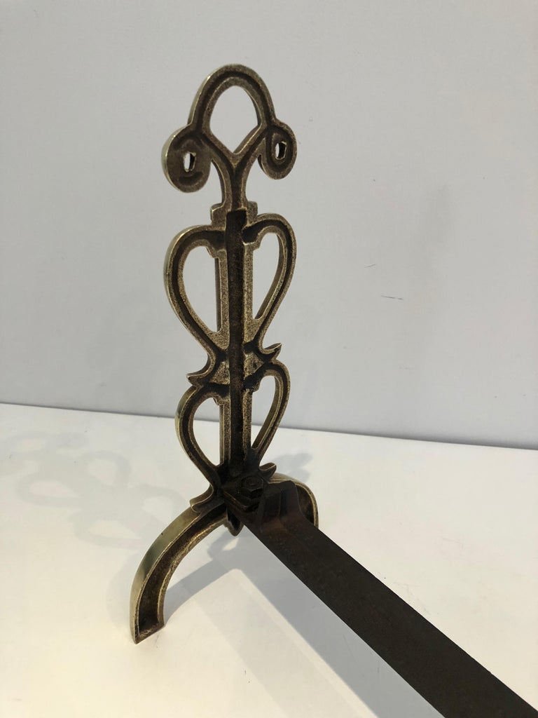 In the Style of Raymond Subes, Pair of Brass and Wrought Iron Andirons, French For Sale 6