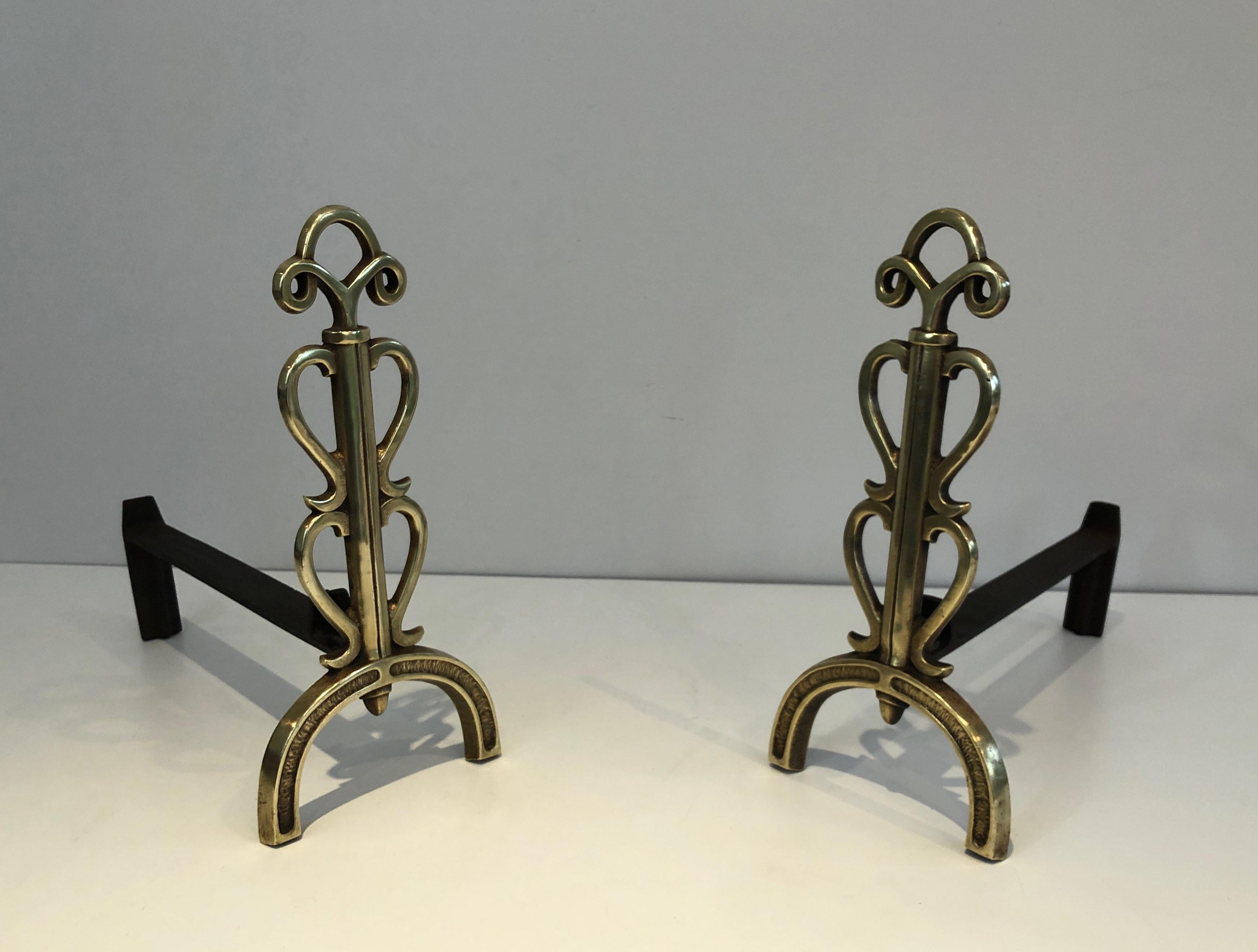 In the Style of Raymond Subes, Pair of Brass and Wrought Iron Andirons, French 7