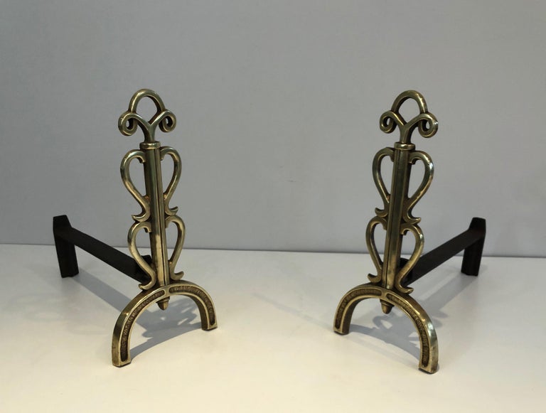 In the Style of Raymond Subes, Pair of Brass and Wrought Iron Andirons, French For Sale 7