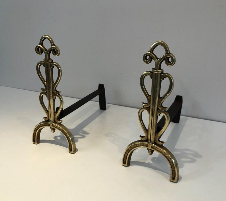 In the Style of Raymond Subes, Pair of Brass and Wrought Iron Andirons, French For Sale 8