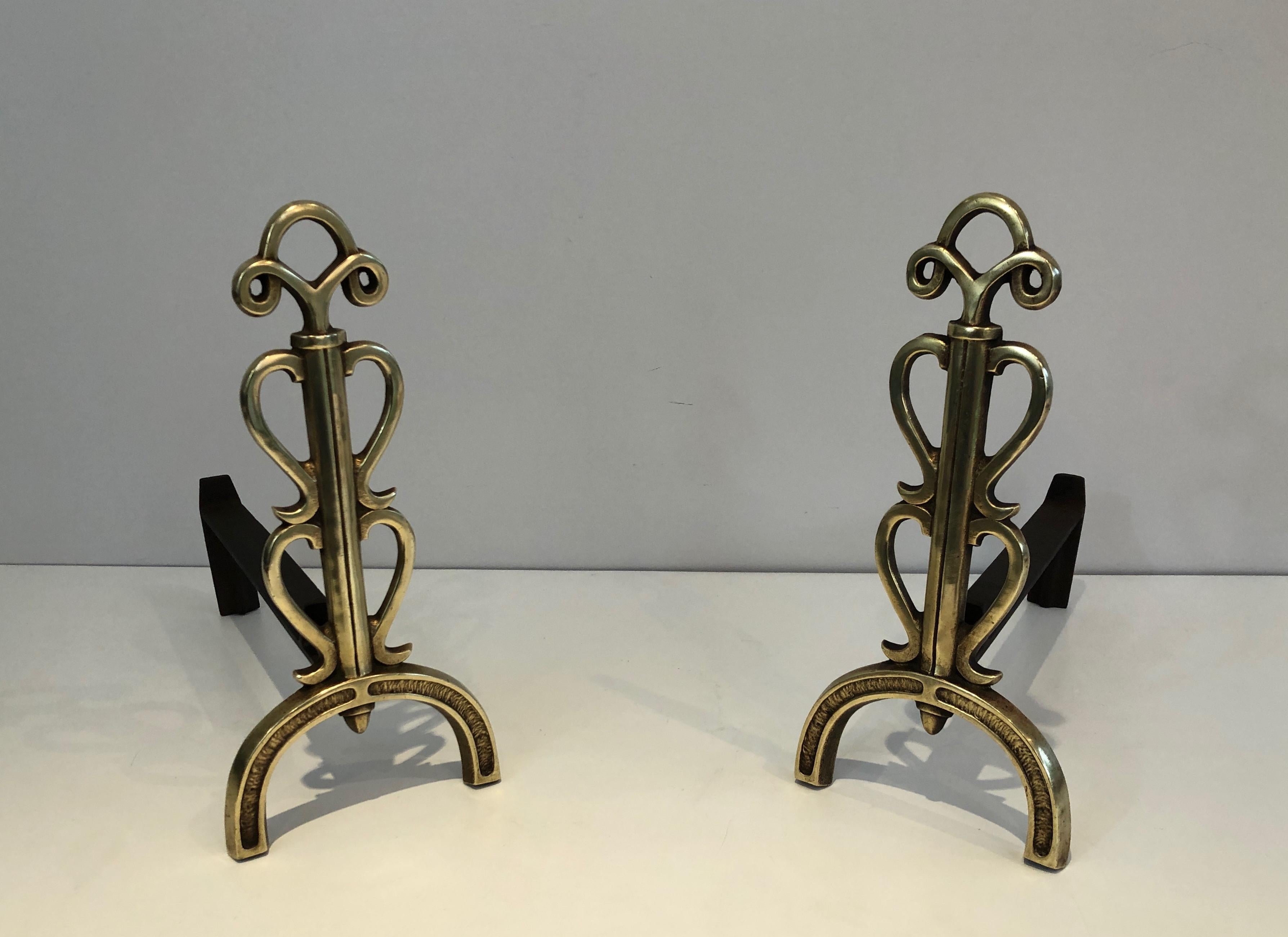 Mid-Century Modern In the Style of Raymond Subes, Pair of Brass and Wrought Iron Andirons, French