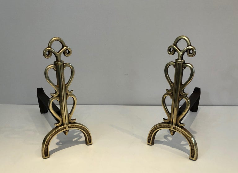 Mid-Century Modern In the Style of Raymond Subes, Pair of Brass and Wrought Iron Andirons, French For Sale