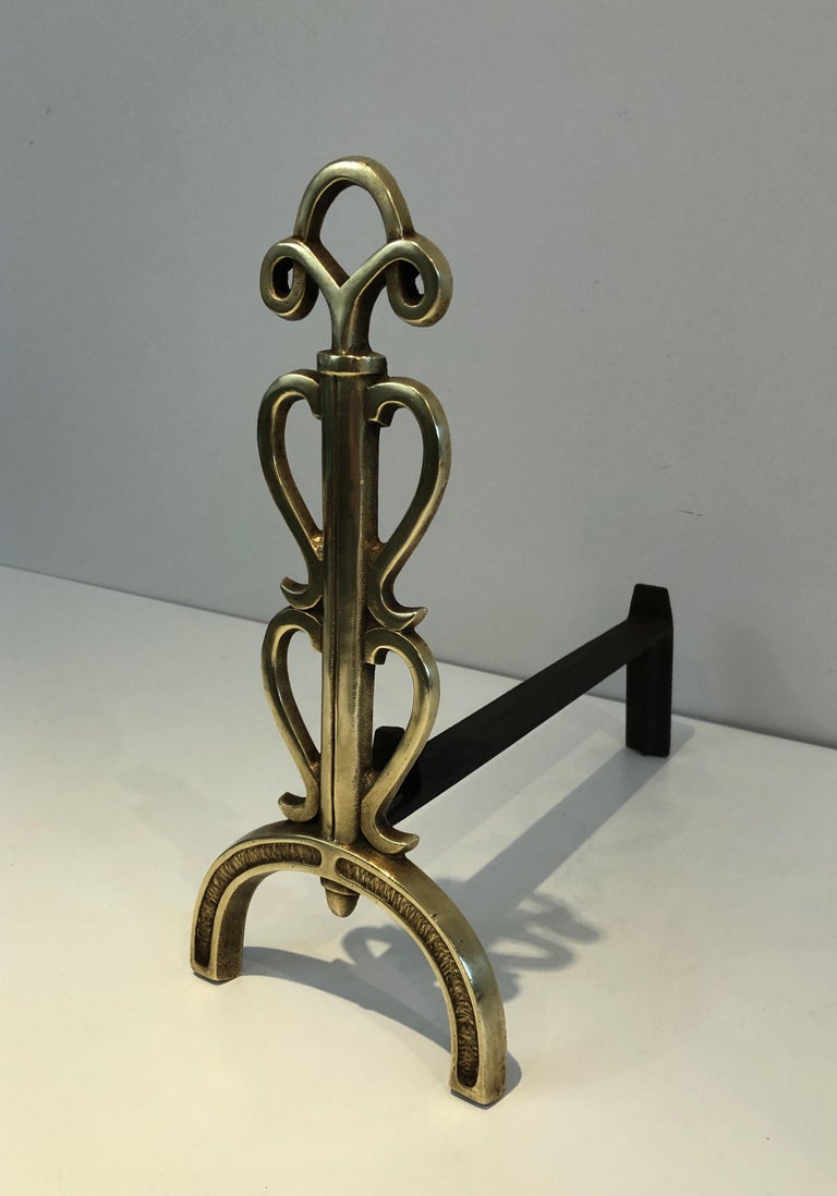 Mid-20th Century In the Style of Raymond Subes, Pair of Brass and Wrought Iron Andirons, French For Sale