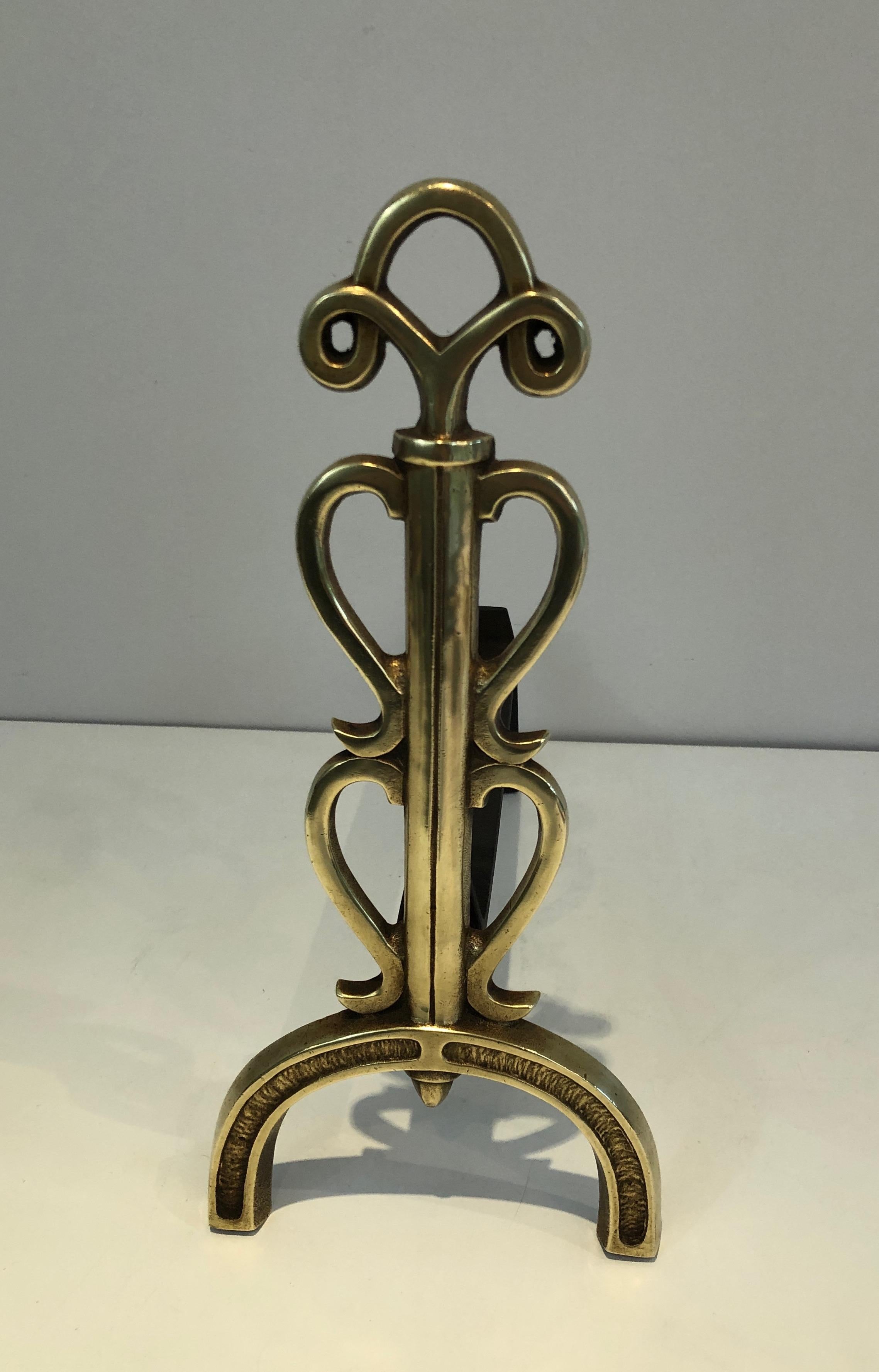 In the Style of Raymond Subes, Pair of Brass and Wrought Iron Andirons, French 1
