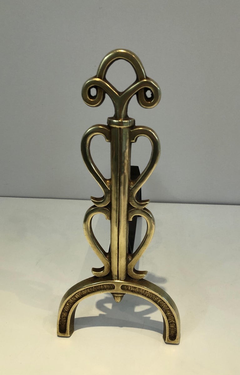 In the Style of Raymond Subes, Pair of Brass and Wrought Iron Andirons, French For Sale 1
