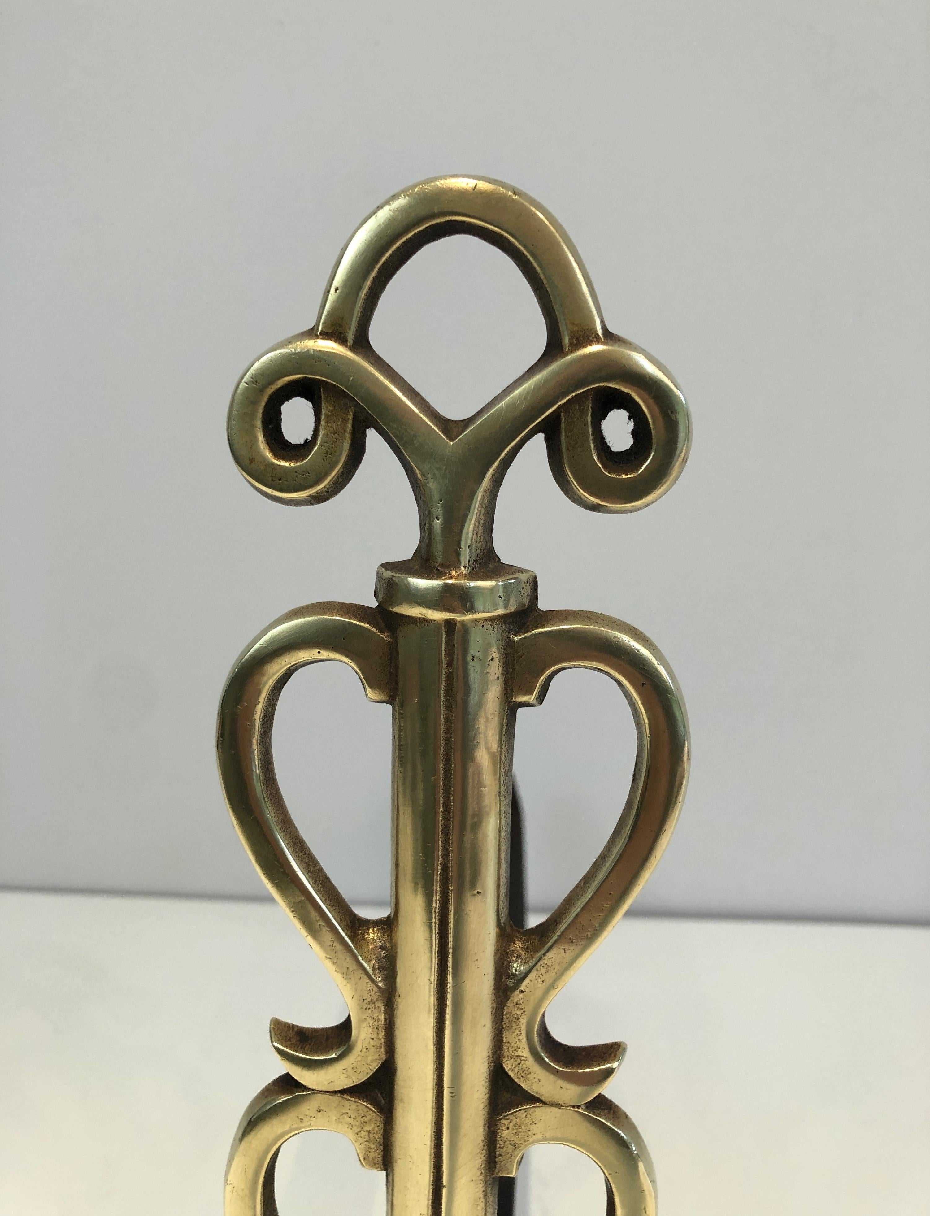 In the Style of Raymond Subes, Pair of Brass and Wrought Iron Andirons, French 2