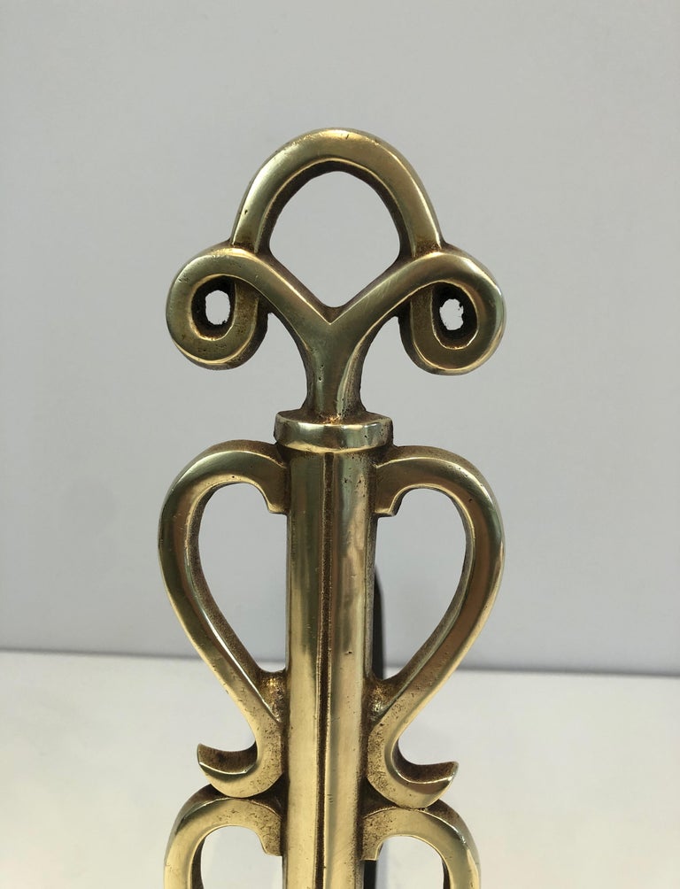 In the Style of Raymond Subes, Pair of Brass and Wrought Iron Andirons, French For Sale 2