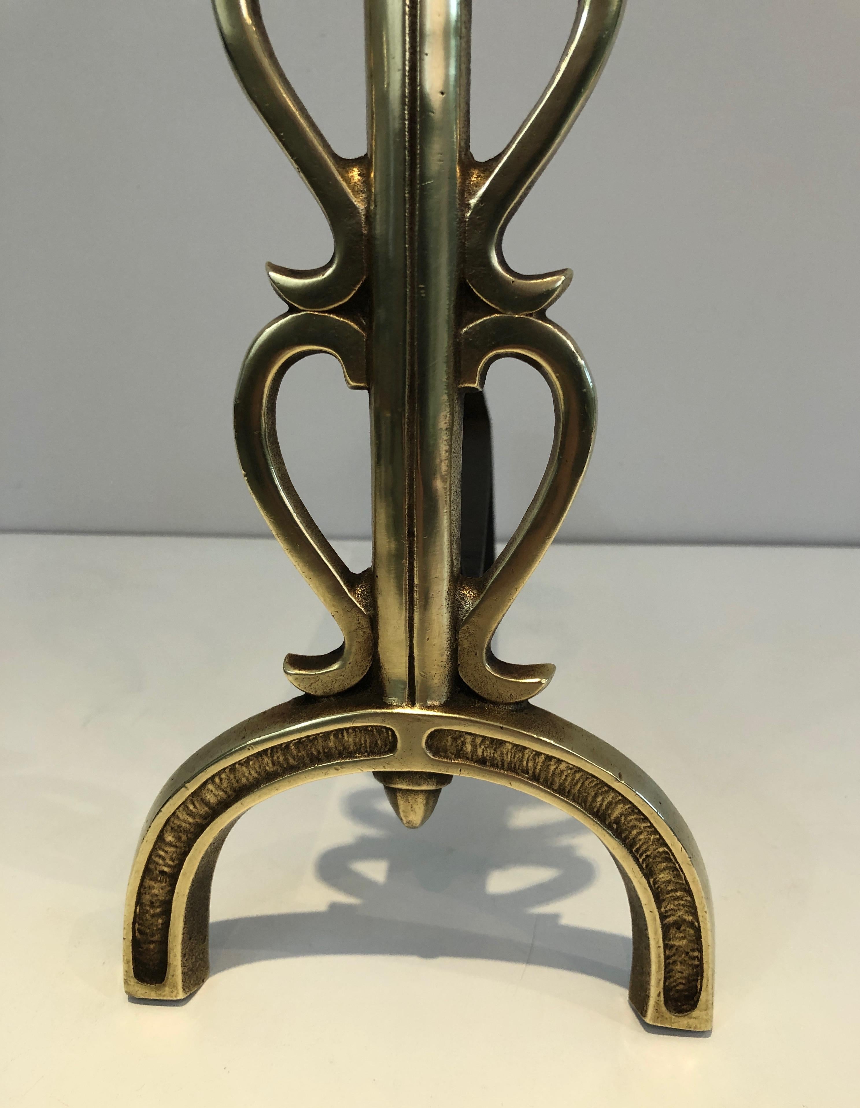 In the Style of Raymond Subes, Pair of Brass and Wrought Iron Andirons, French 3