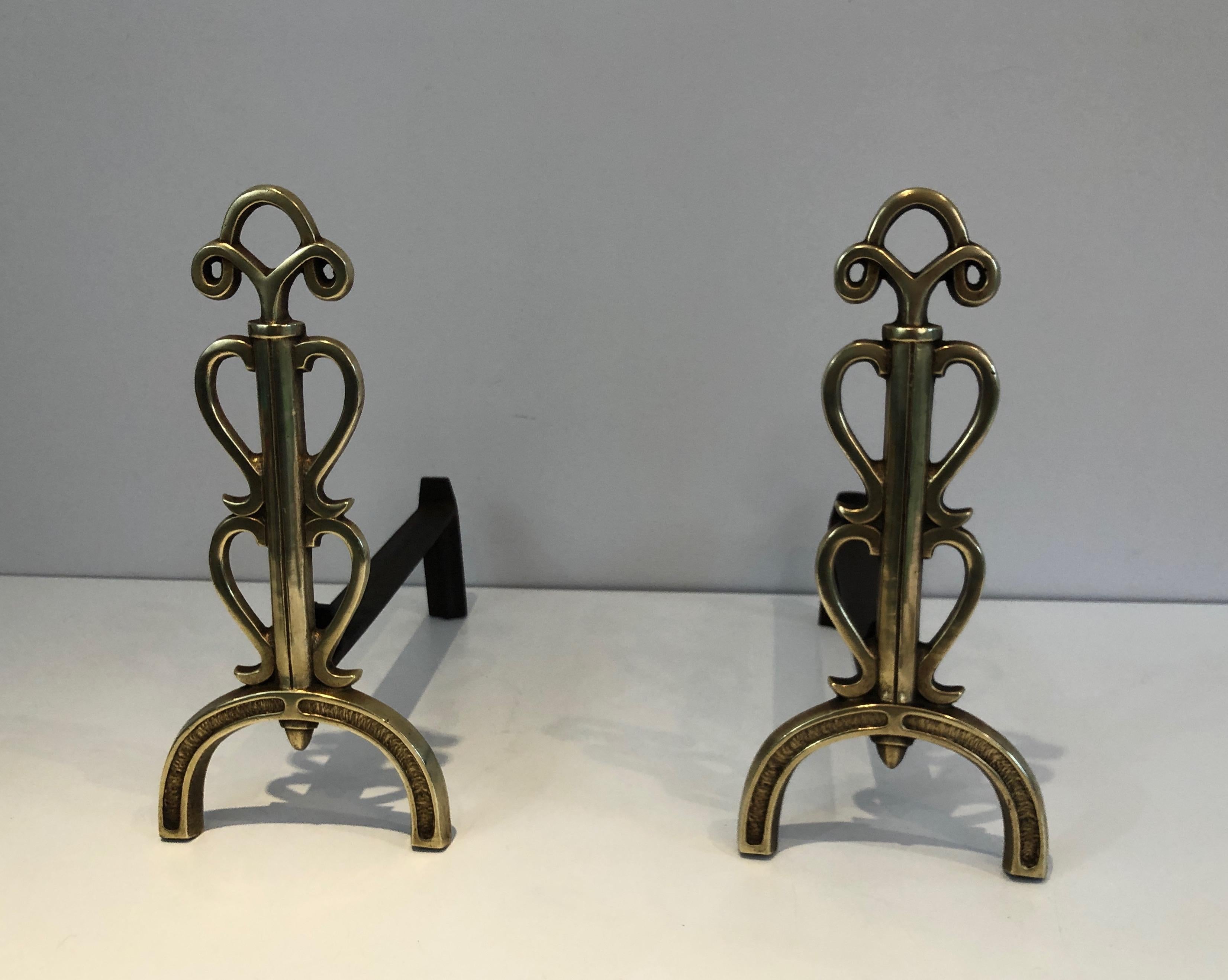 In the Style of Raymond Subes, Pair of Brass and Wrought Iron Andirons, French 4